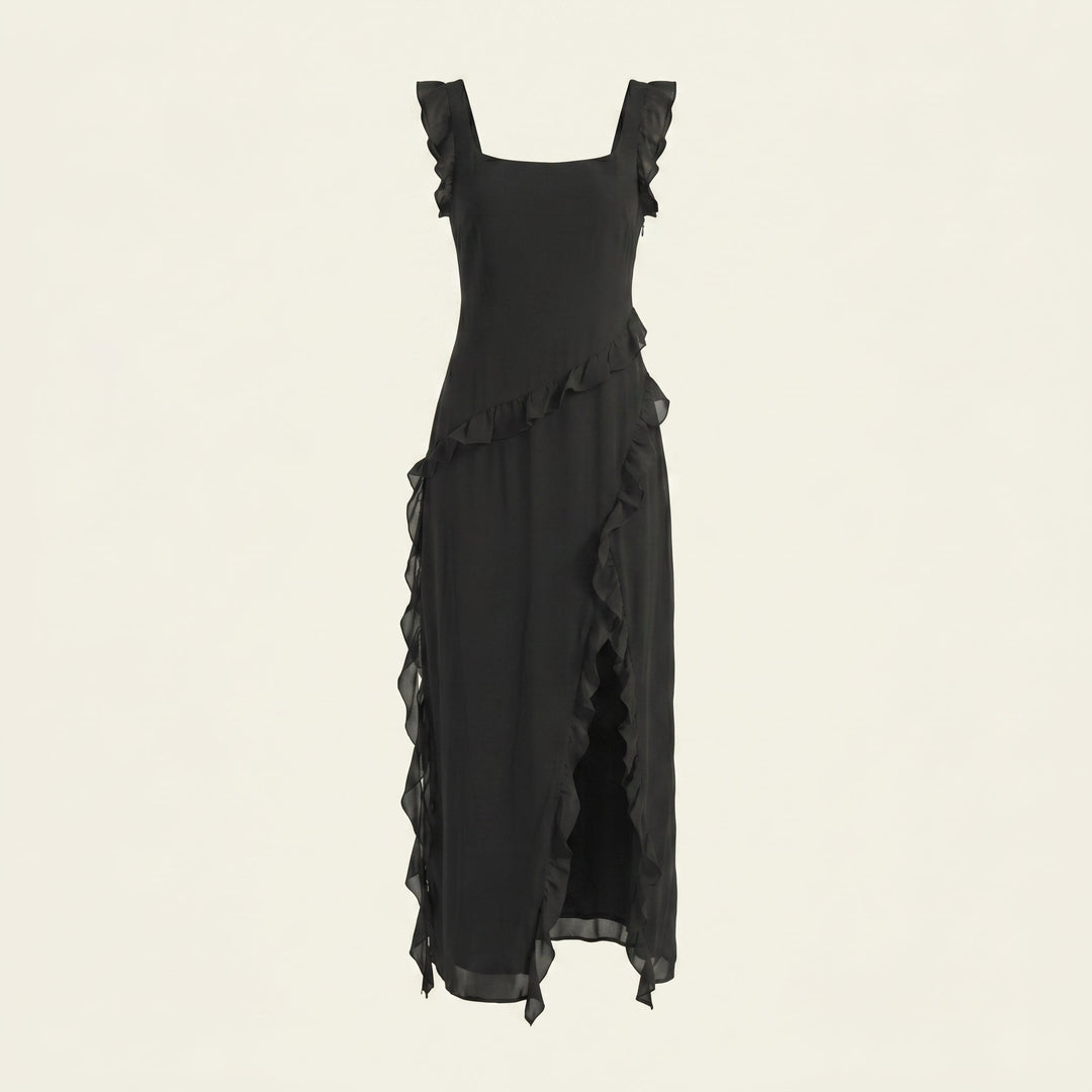 Clara - Women's Evening Ruffle Split Maxi Dress - Maxi Dresses - Black - Davies & Cooper
