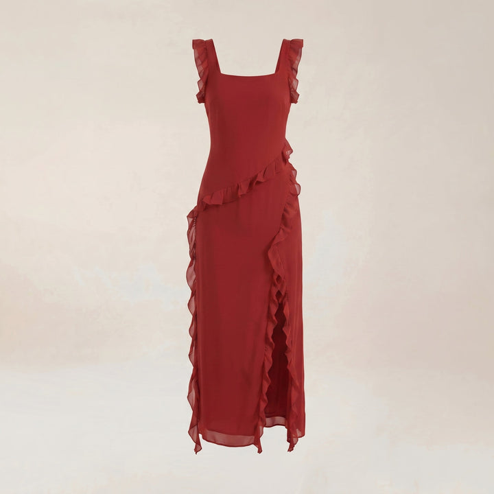 Clara - Women's Evening Ruffle Split Maxi Dress - Maxi Dresses - Red - Davies & Cooper