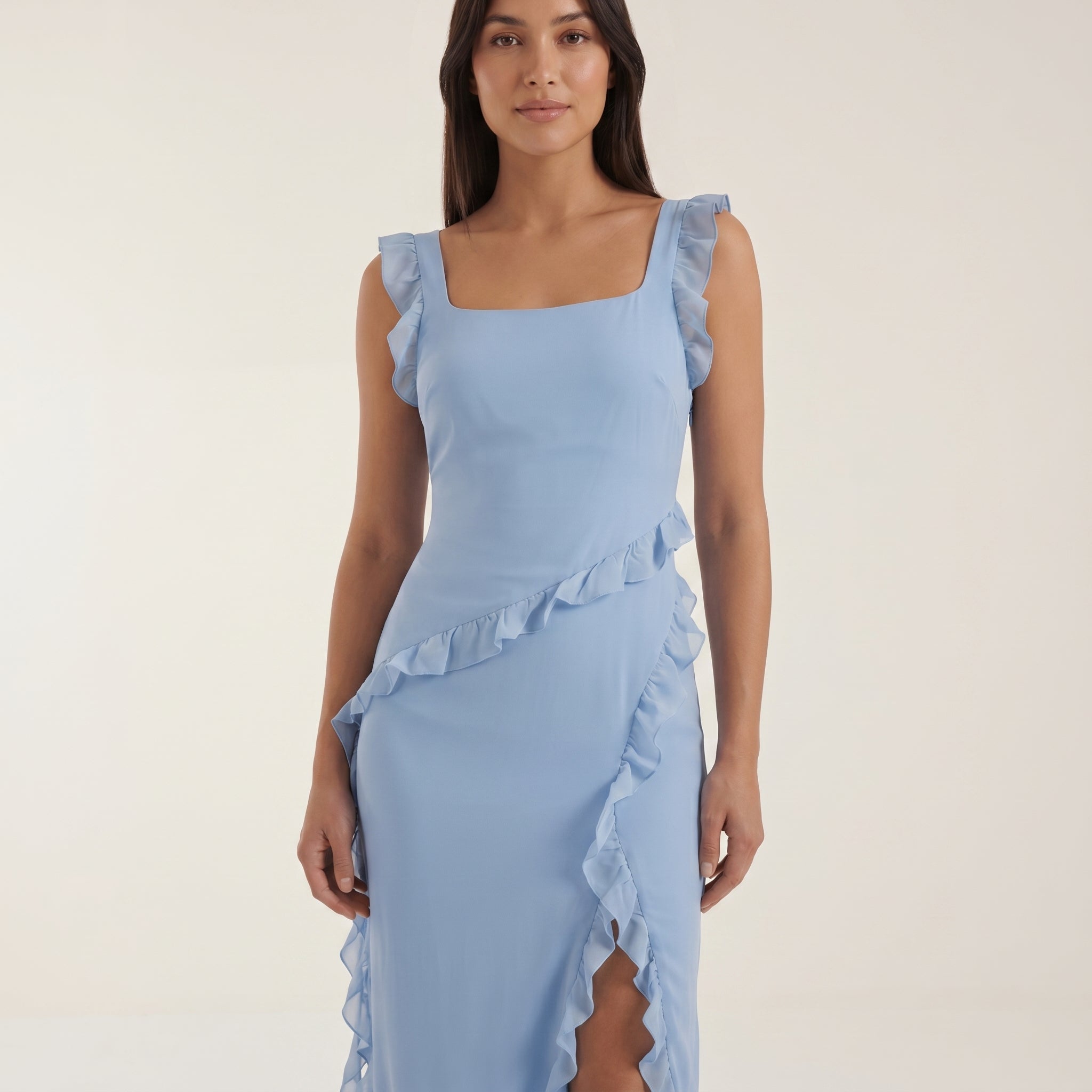Clara - Women's Evening Ruffle Split Maxi Dress - Maxi Dresses - Light Blue - Davies & Cooper