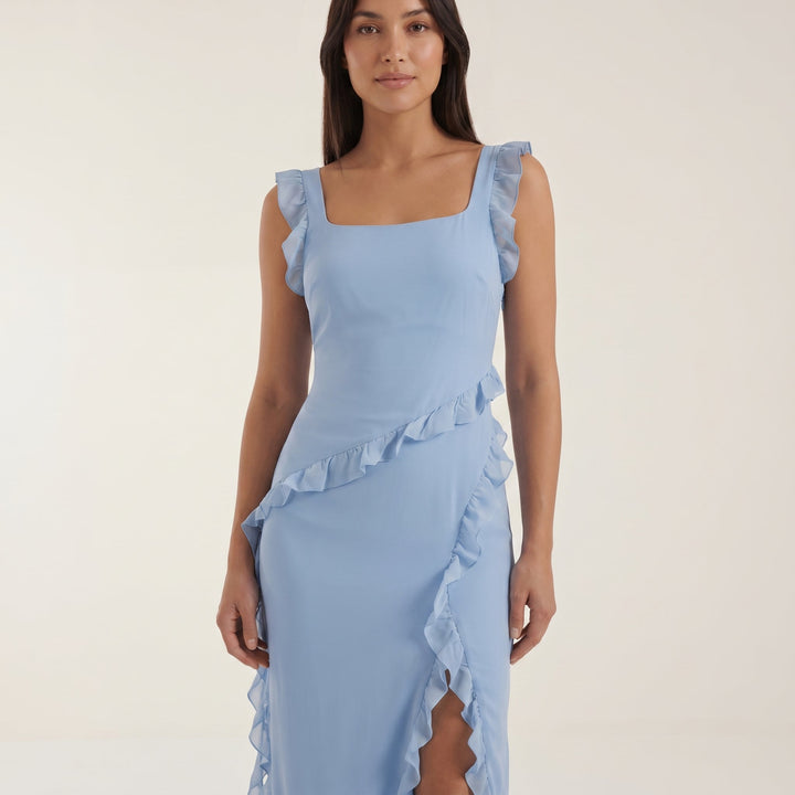 Clara - Women's Evening Ruffle Split Maxi Dress - Maxi Dresses - Light Blue - Davies & Cooper