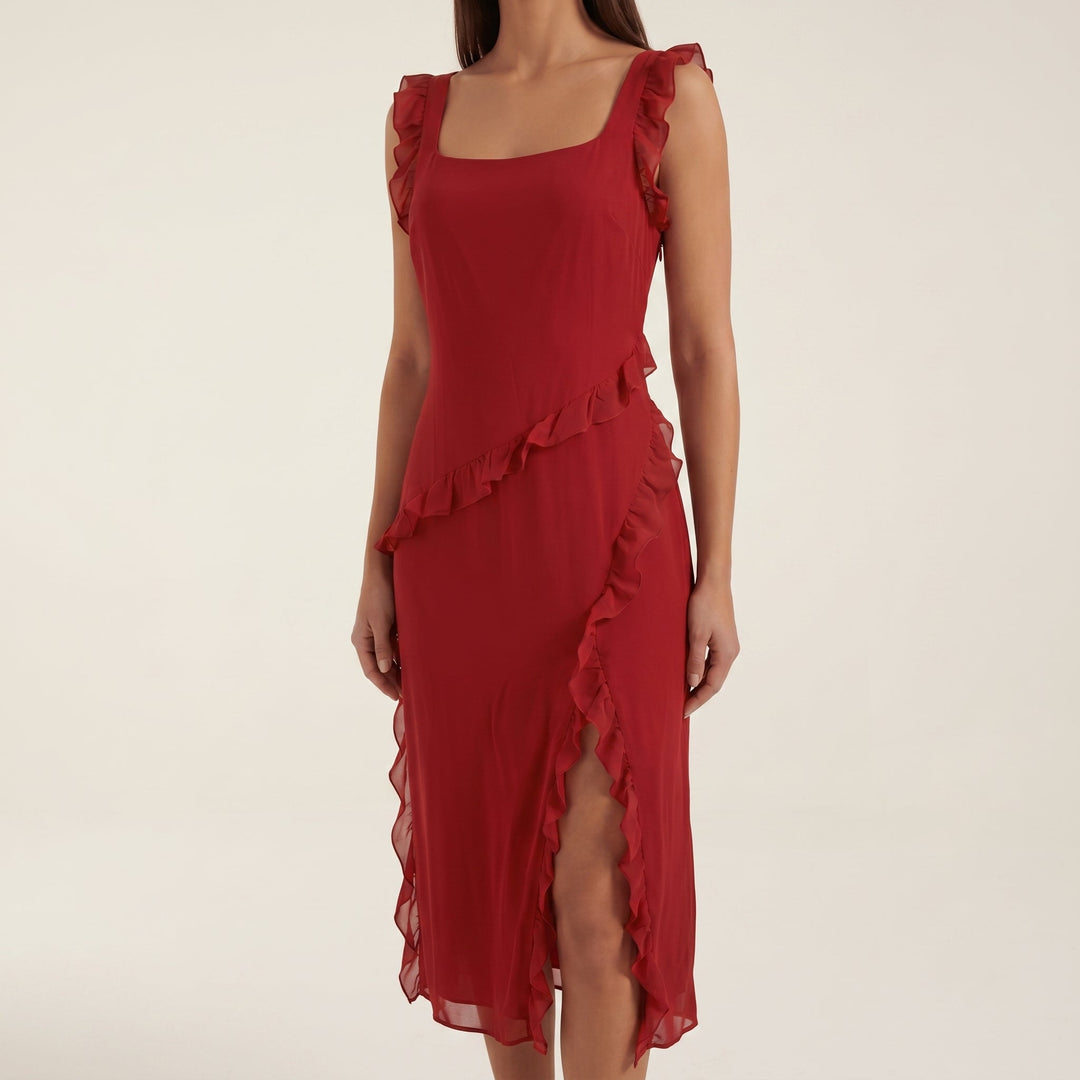 Clara - Women's Evening Ruffle Split Maxi Dress - Maxi Dresses - Red - Davies & Cooper