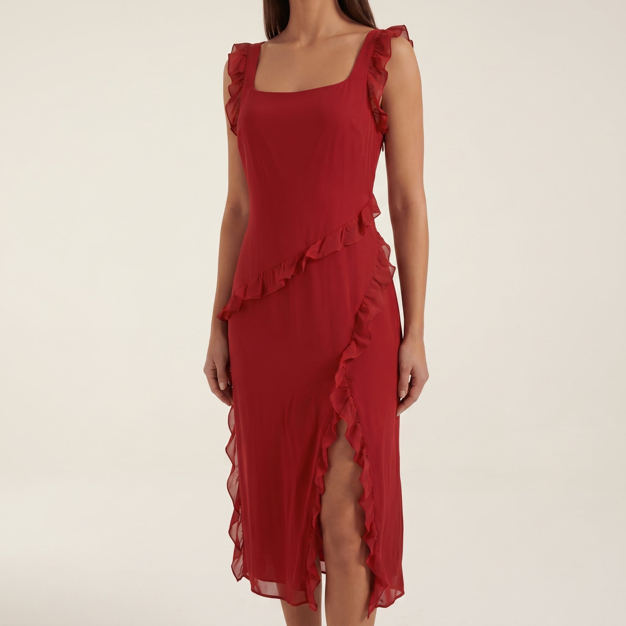 Clara - Women's Evening Ruffle Split Maxi Dress - Maxi Dresses - Red - Davies & Cooper