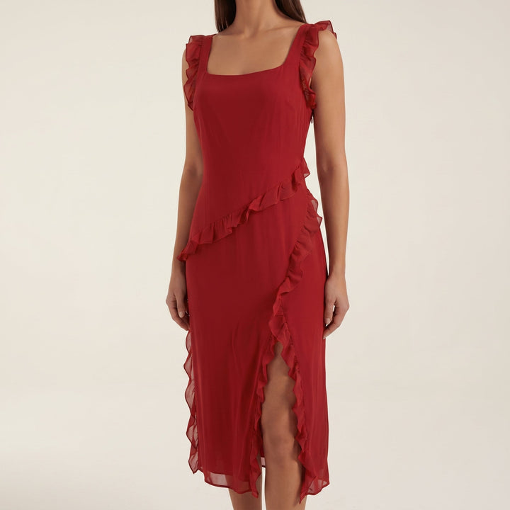 Clara - Women's Evening Ruffle Split Maxi Dress - Maxi Dresses - Red - Davies & Cooper