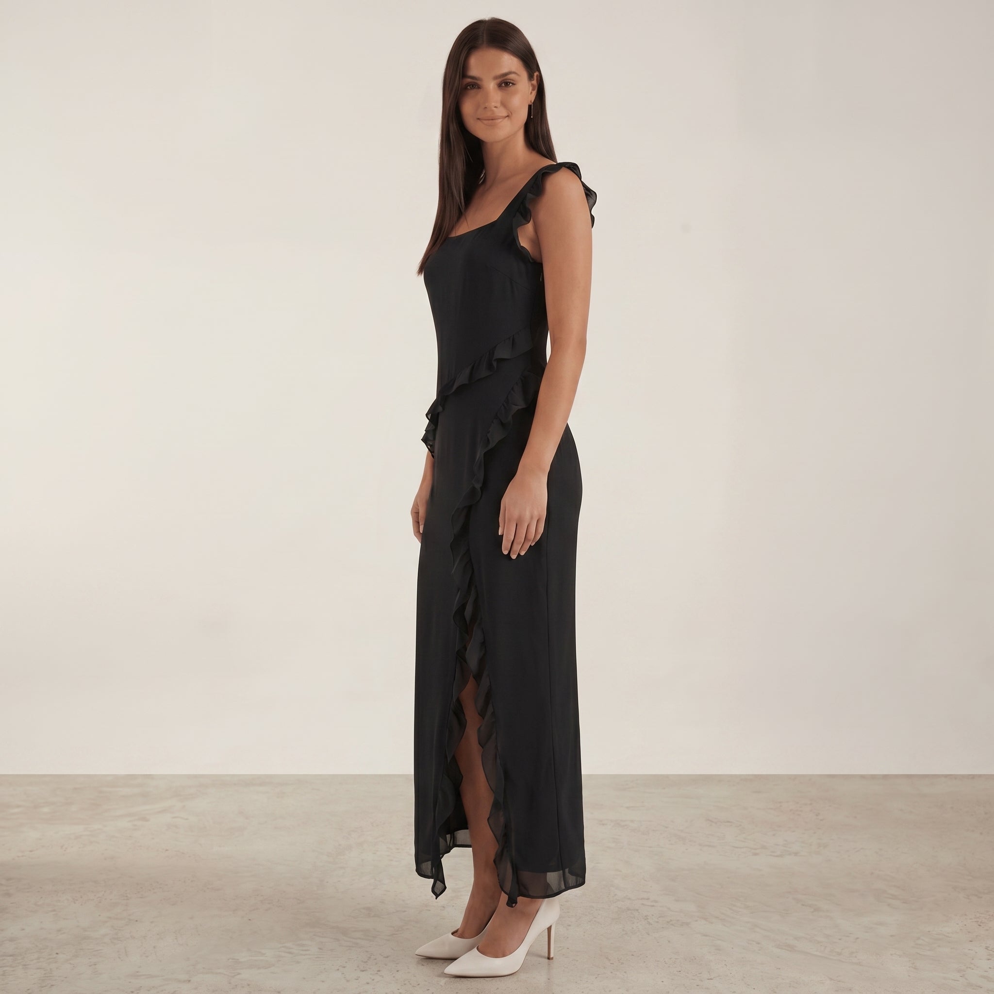 Clara - Women's Evening Ruffle Split Maxi Dress - Maxi Dresses - Black - Davies & Cooper