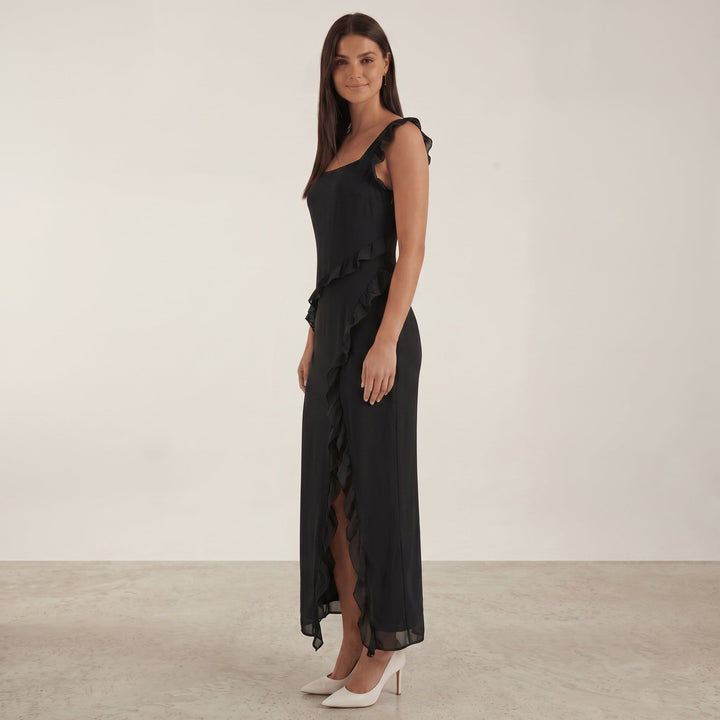 Clara - Women's Evening Ruffle Split Maxi Dress - Maxi Dresses - Black - Davies & Cooper