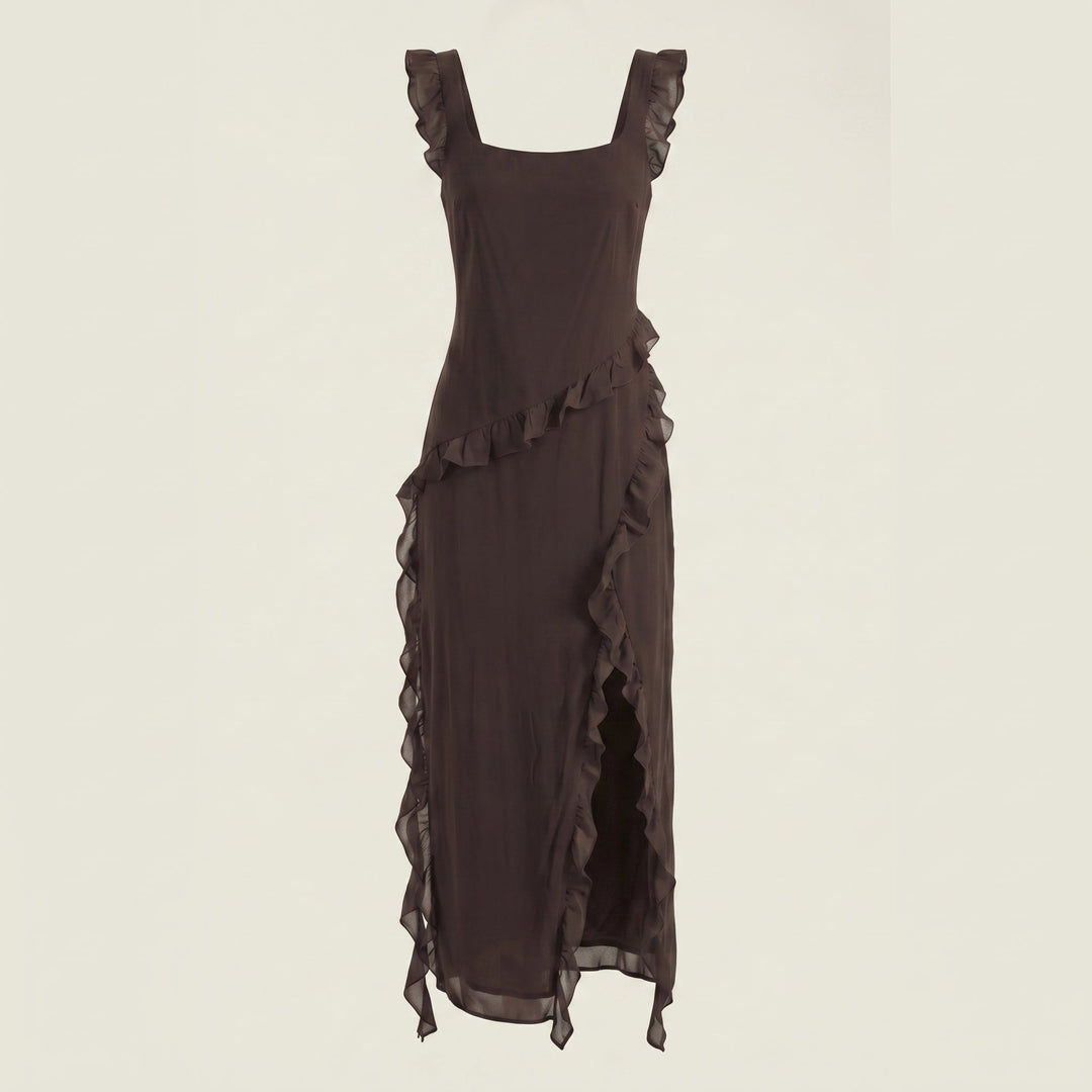 Clara - Women's Evening Ruffle Split Maxi Dress - Maxi Dresses - Brown - Davies & Cooper