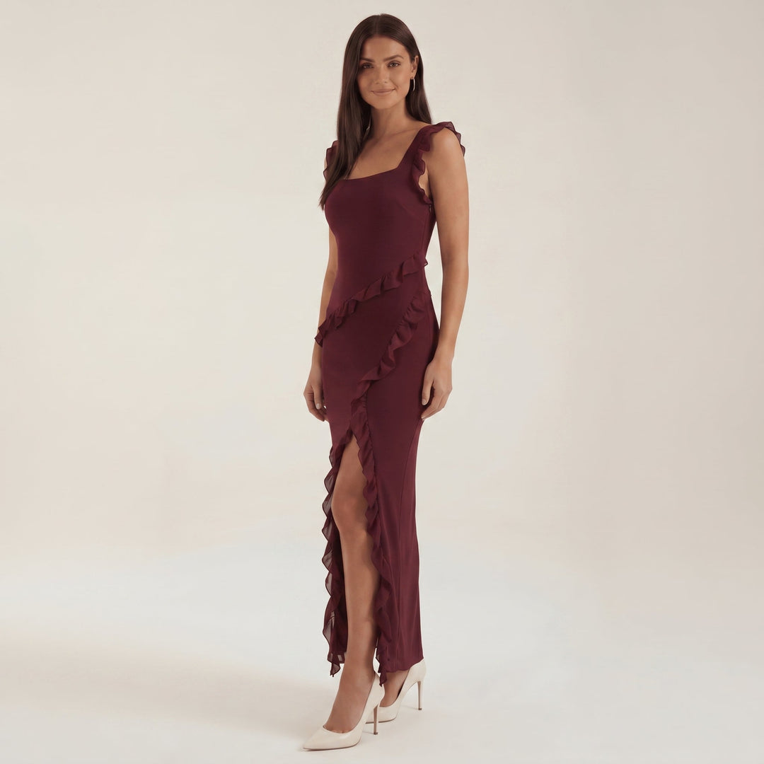 Clara - Women's Evening Ruffle Split Maxi Dress - Maxi Dresses - Burgundy - Davies & Cooper