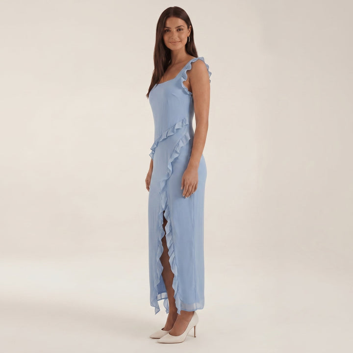 Clara - Women's Evening Ruffle Split Maxi Dress - Maxi Dresses - Light Blue - Davies & Cooper