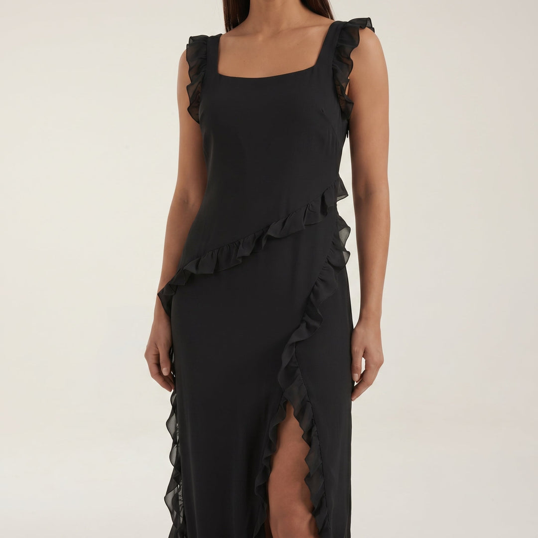 Clara - Women's Evening Ruffle Split Maxi Dress - Maxi Dresses - Black - Davies & Cooper