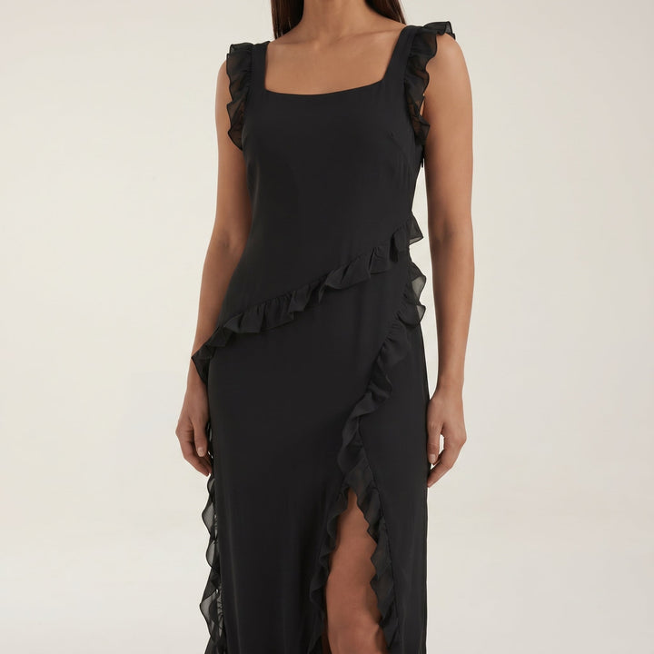 Clara - Women's Evening Ruffle Split Maxi Dress - Maxi Dresses - Black - Davies & Cooper