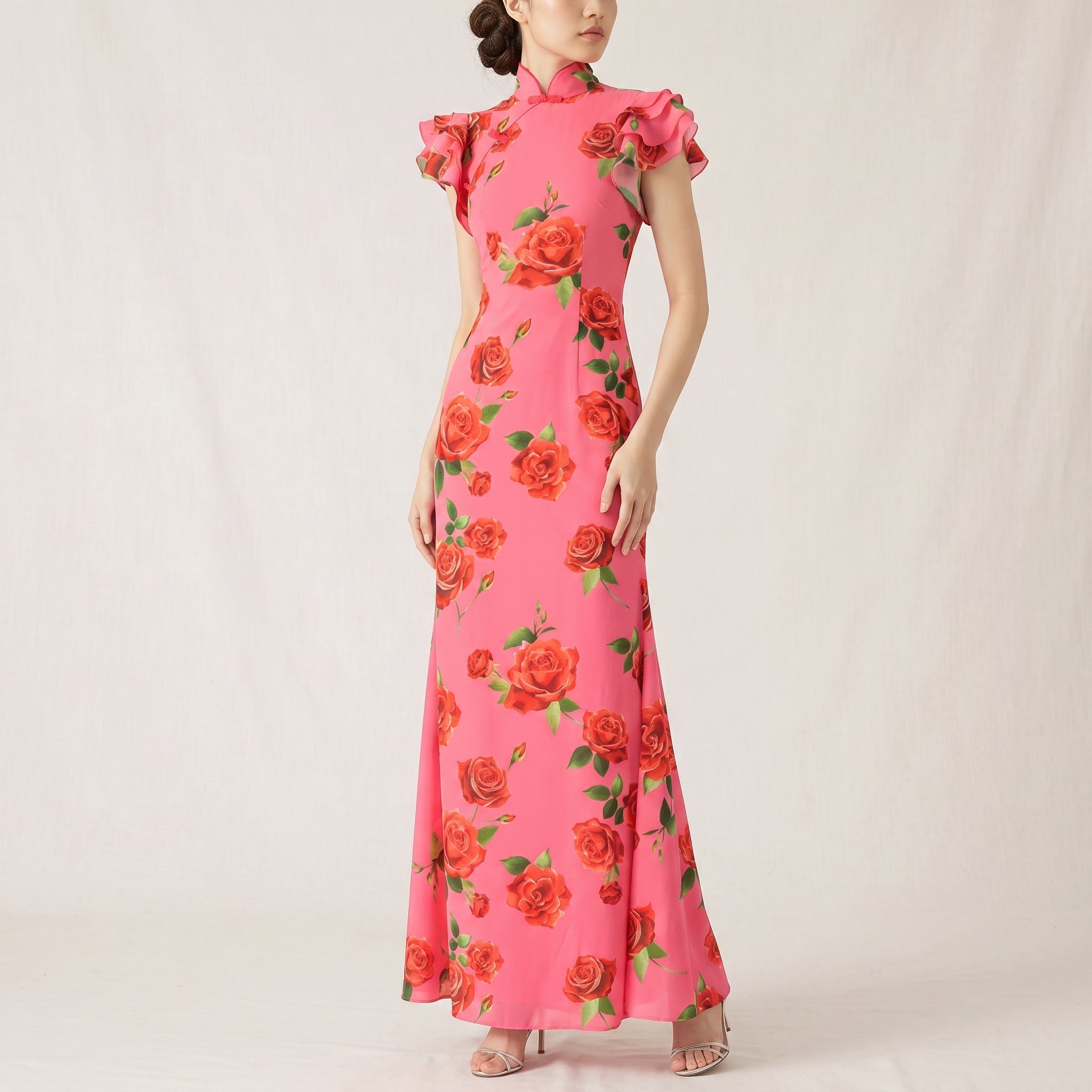 Clara - Women's Floral Ruffle Sleeve Fitted Maxi Dress with High Neck - Maxi Dress - Pink - Davies & Cooper