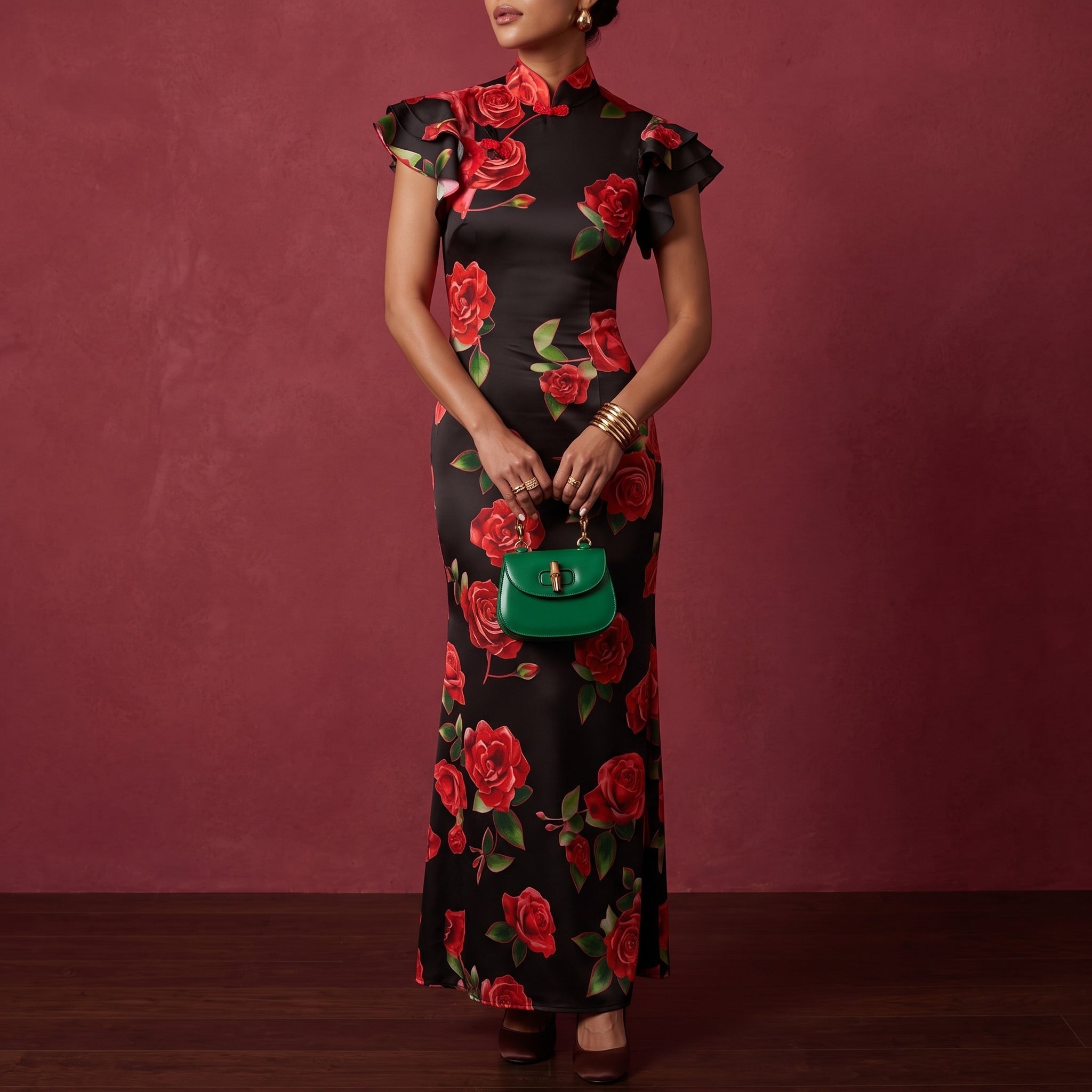 Clara - Women's Floral Ruffle Sleeve Fitted Maxi Dress with High Neck - Maxi Dress - Black - Davies & Cooper
