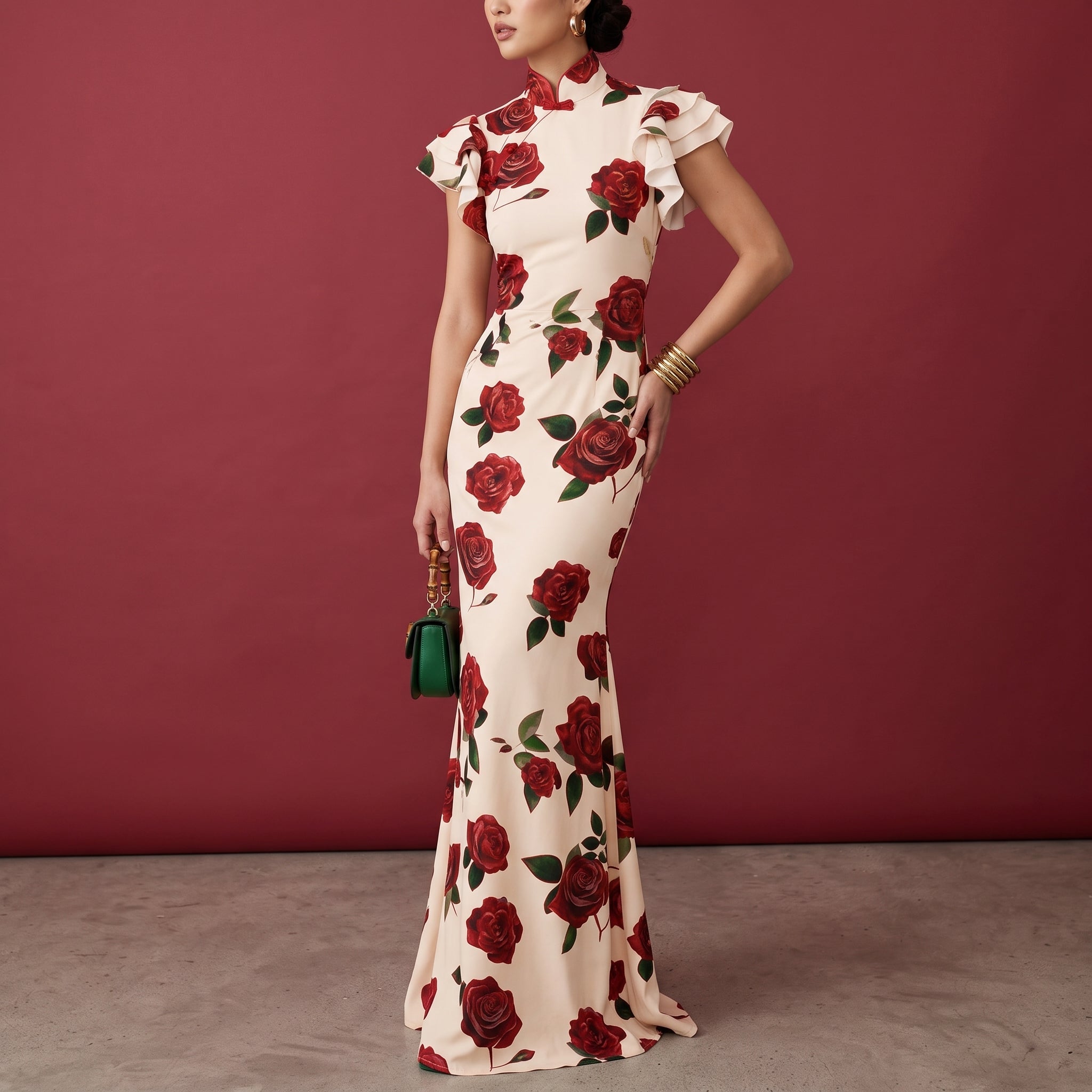 Clara - Women's Floral Ruffle Sleeve Fitted Maxi Dress with High Neck - Maxi Dress - White - Davies & Cooper