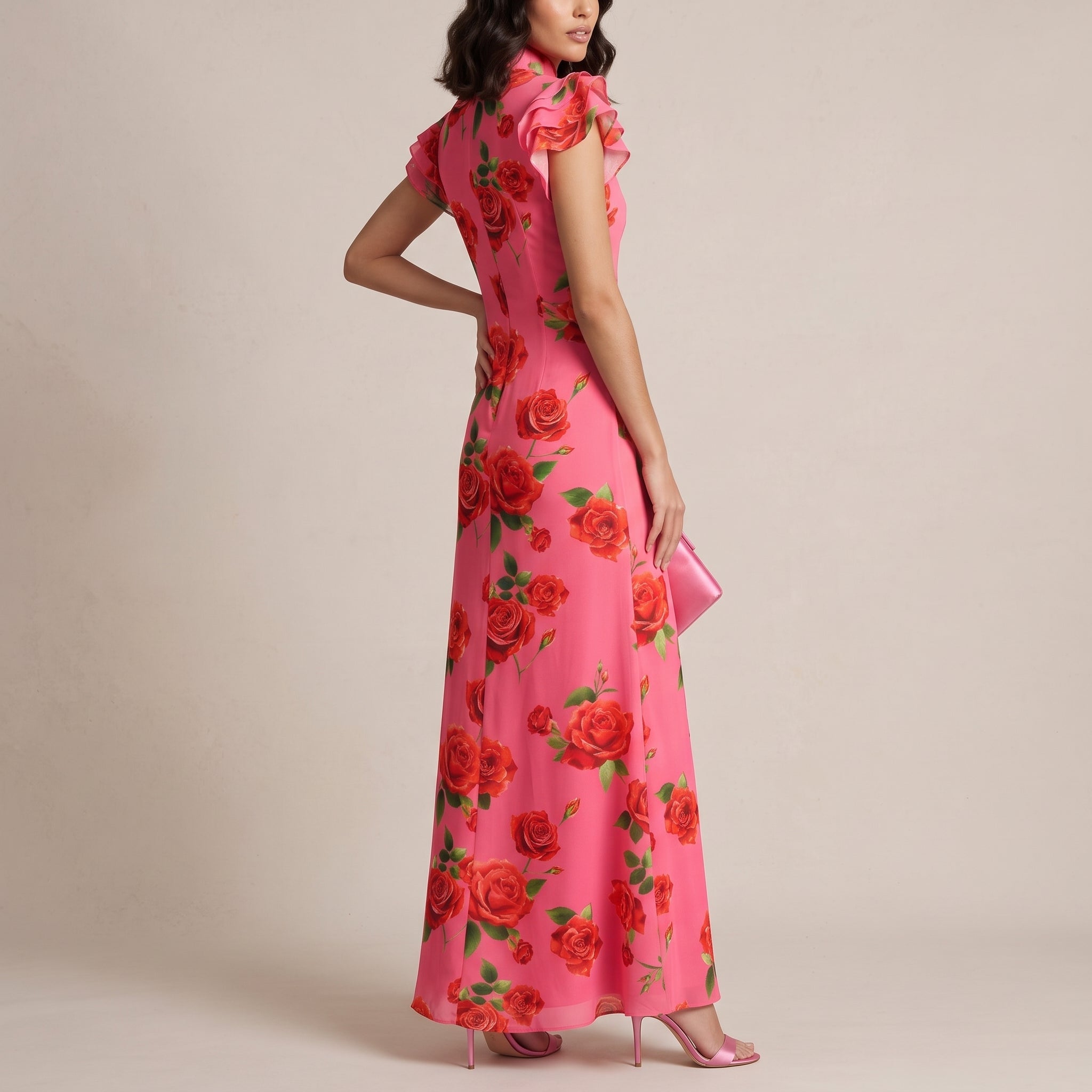 Clara - Women's Floral Ruffle Sleeve Fitted Maxi Dress with High Neck - Maxi Dress - Pink - Davies & Cooper
