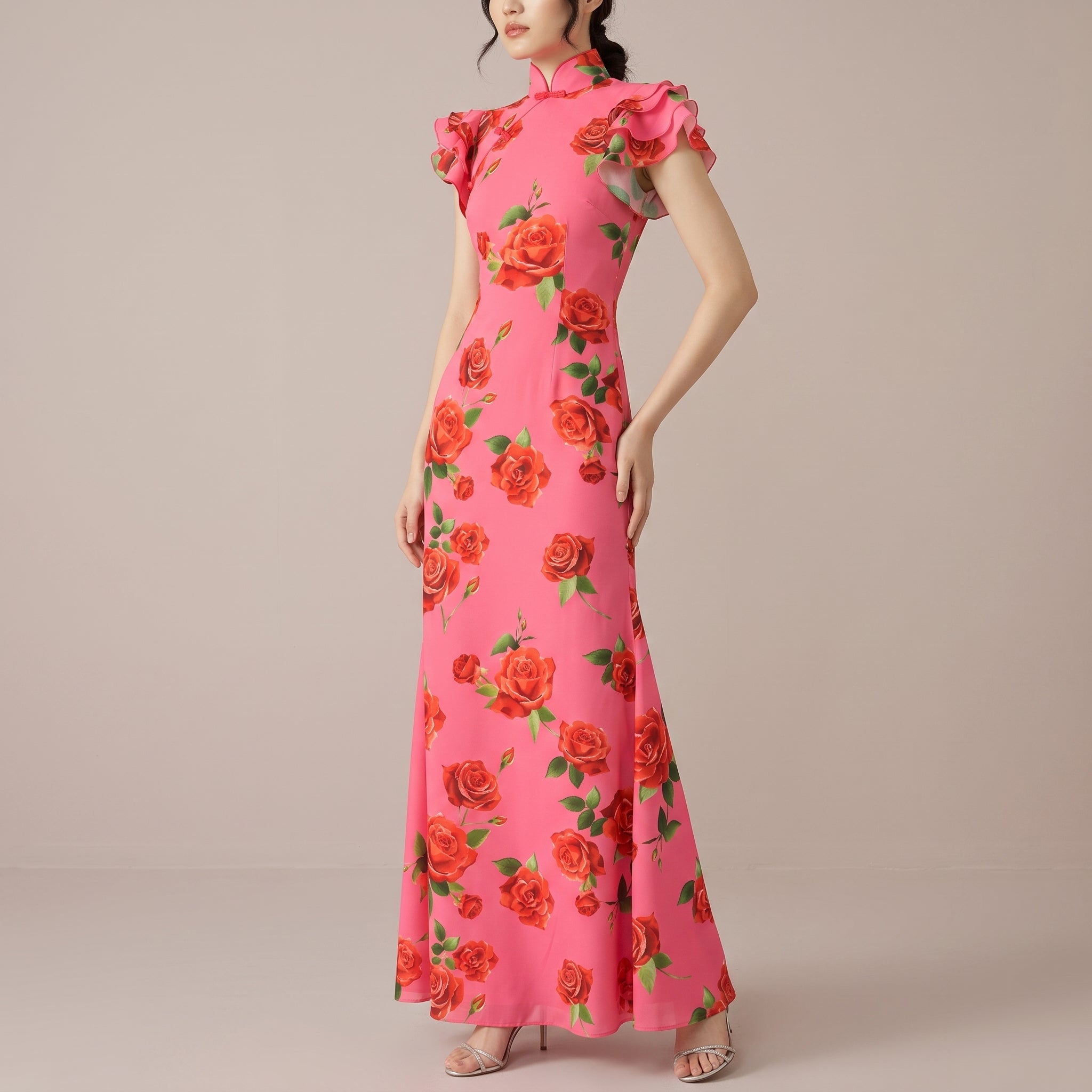 Clara - Women's Floral Ruffle Sleeve Fitted Maxi Dress with High Neck - Maxi Dress - Pink - Davies & Cooper