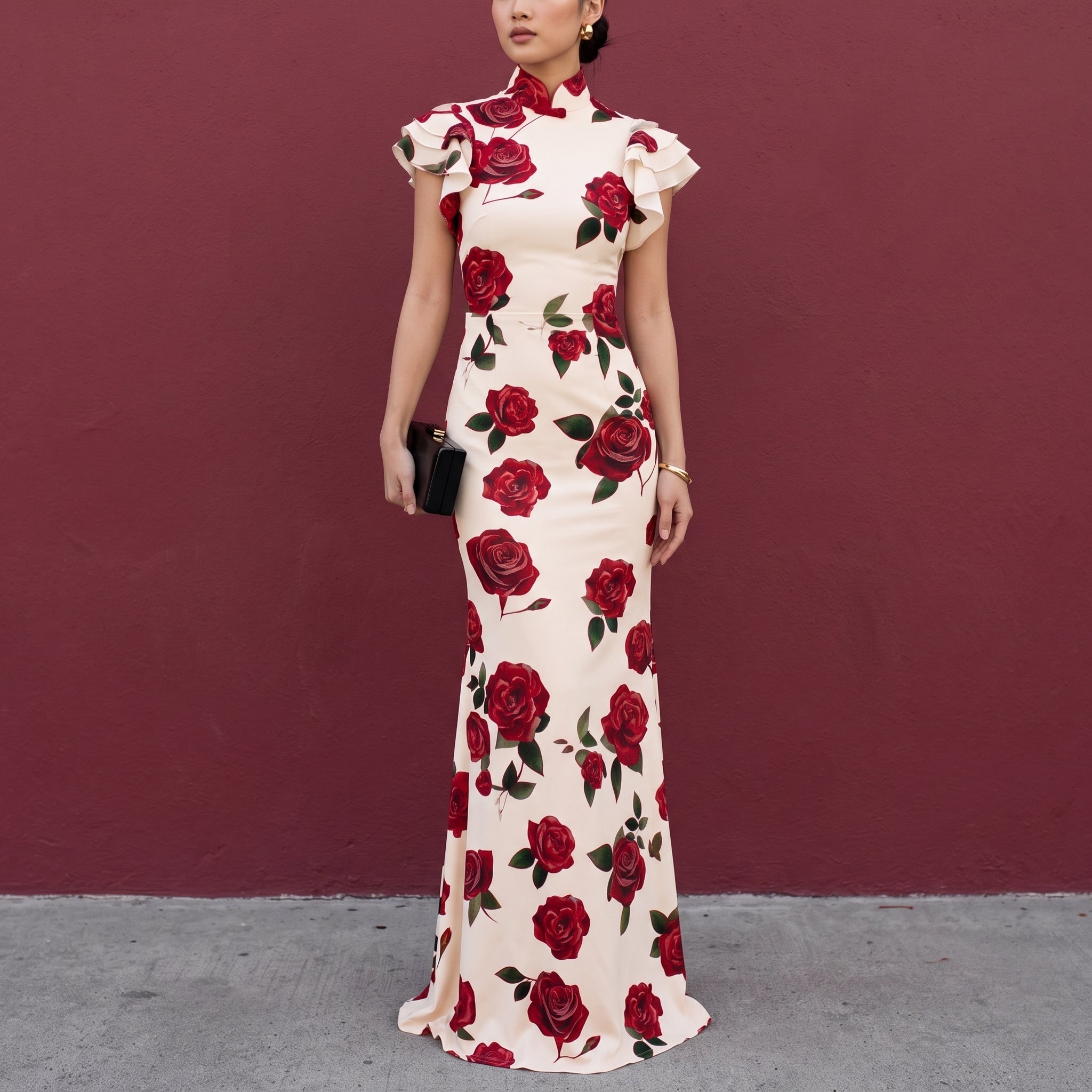 Clara - Women's Floral Ruffle Sleeve Fitted Maxi Dress with High Neck - Maxi Dress - White - Davies & Cooper