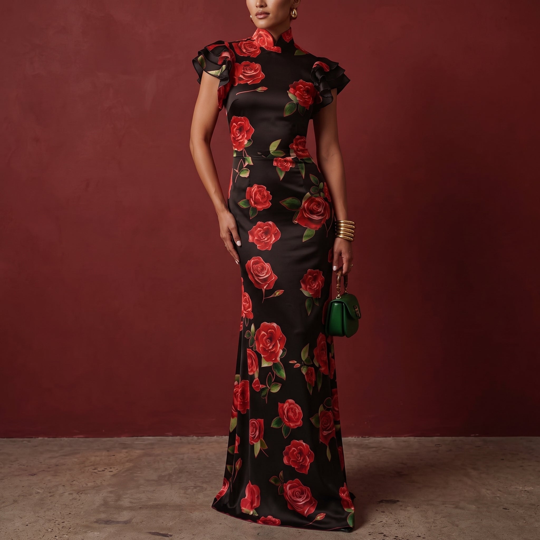 Clara - Women's Floral Ruffle Sleeve Fitted Maxi Dress with High Neck - Maxi Dress - Black - Davies & Cooper