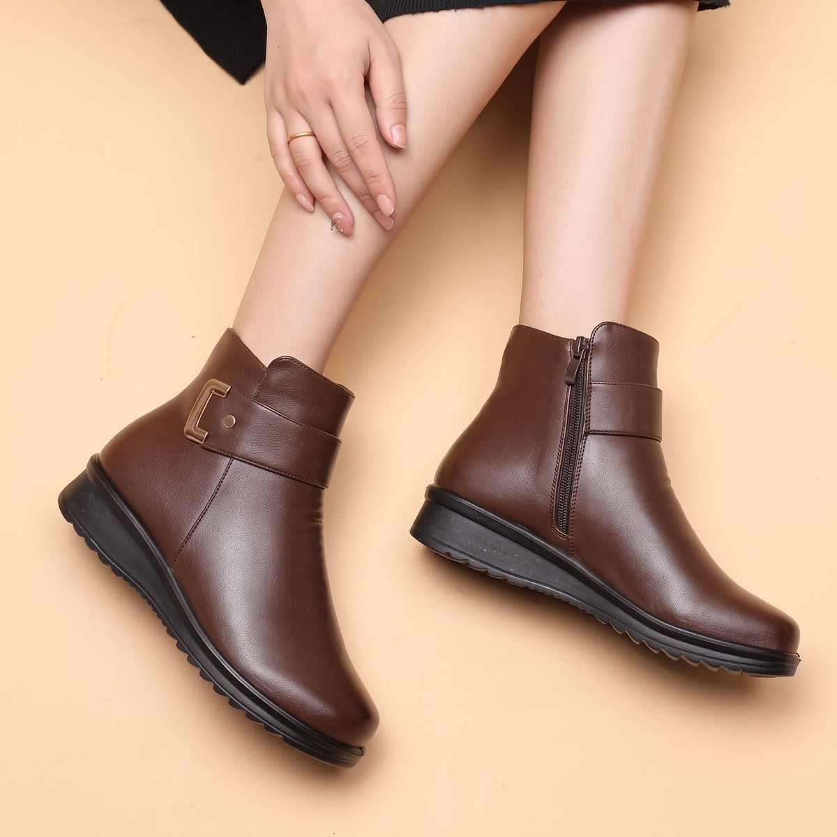 Clara - Women's Orthopaedic Ankle Boots with Buckle Strap and Fleece Lining - Boots - Brown - Davies & Cooper