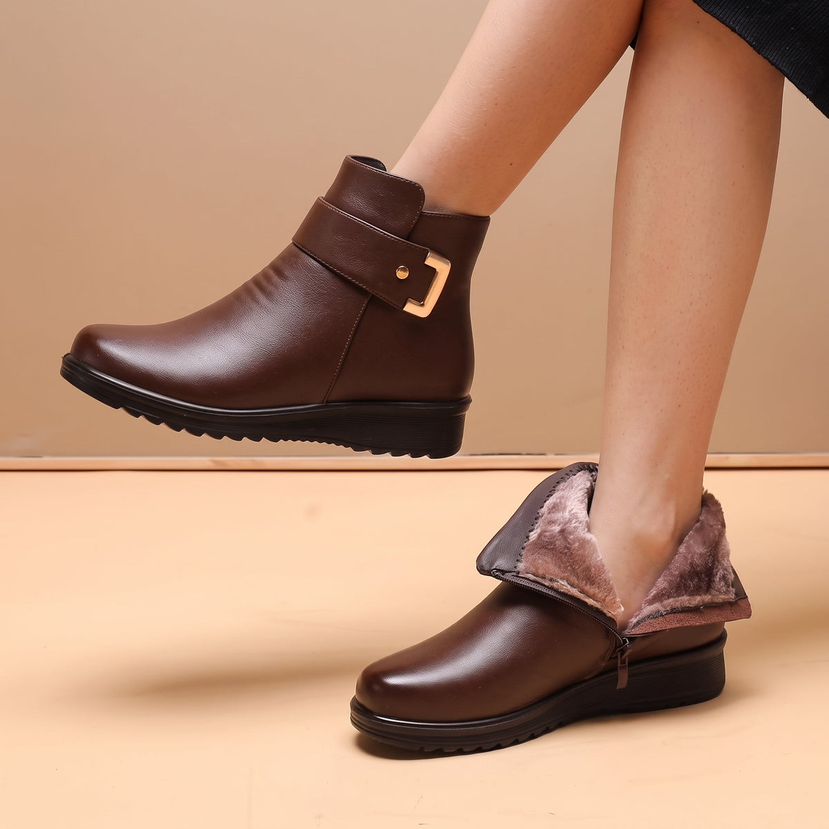 Clara - Women's Orthopaedic Ankle Boots with Buckle Strap and Fleece Lining - Boots - Brown - Davies & Cooper