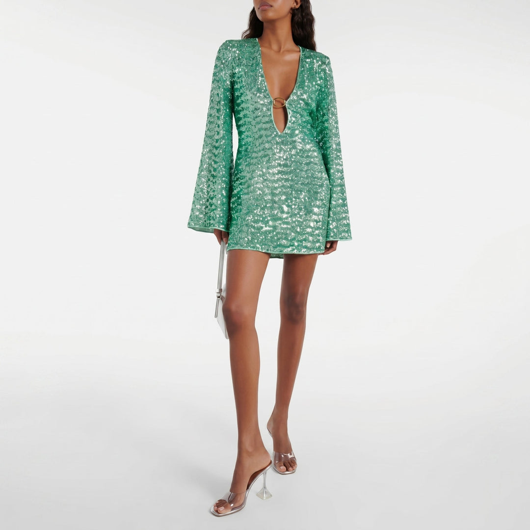 Clara - Women's Party Sequin Plunge Neck Mini Dress - Dress - Green - Davies & Cooper