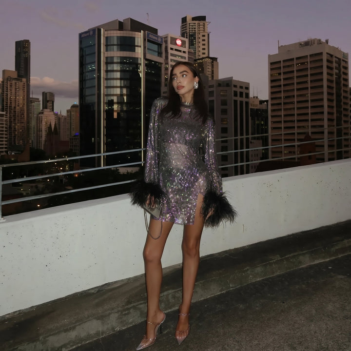 Clara - Women's Sequin Feather Trim Sleeve Mini Dress - Mini Dress - Black - Davies & Cooper