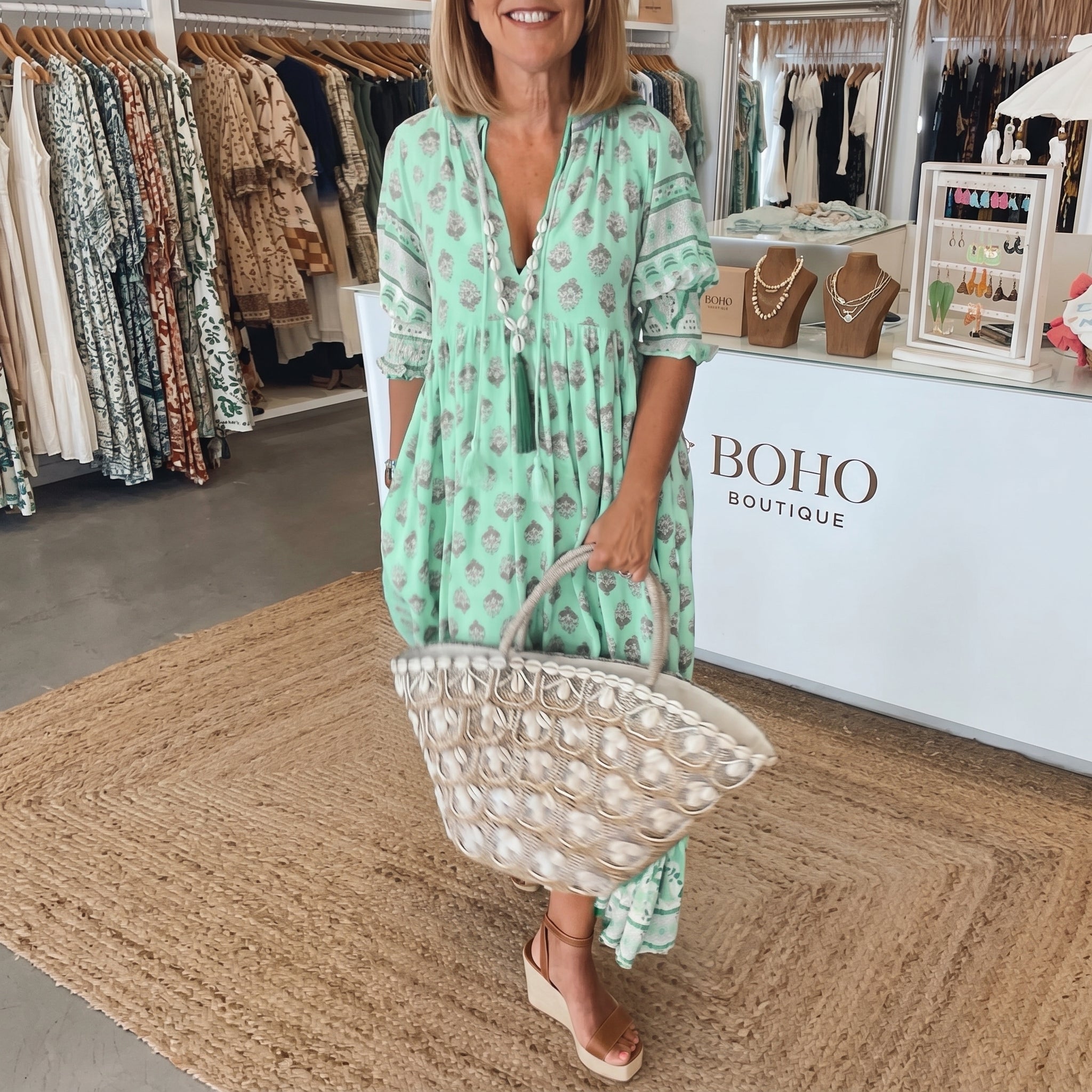 Clara - Women's Summer Boho Print Tassel Tie Midi Dress - Maxi Dress - Green - Davies & Cooper