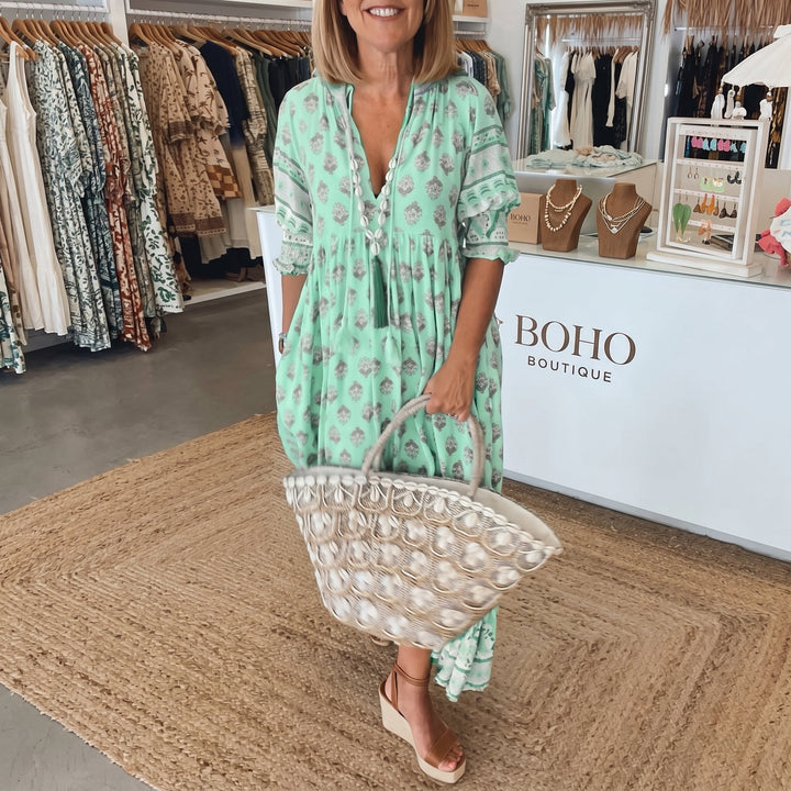 Clara - Women's Summer Boho Print Tassel Tie Midi Dress - Maxi Dress - Green - Davies & Cooper