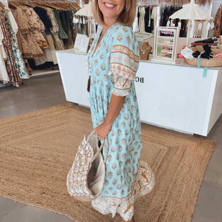 Clara - Women's Summer Boho Print Tassel Tie Midi Dress - Maxi Dress - Blue - Davies & Cooper
