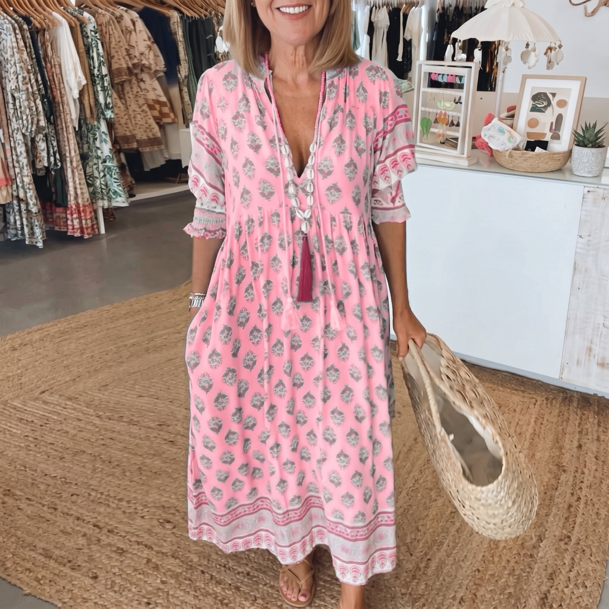 Clara - Women's Summer Boho Print Tassel Tie Midi Dress - Maxi Dress - Pink - Davies & Cooper