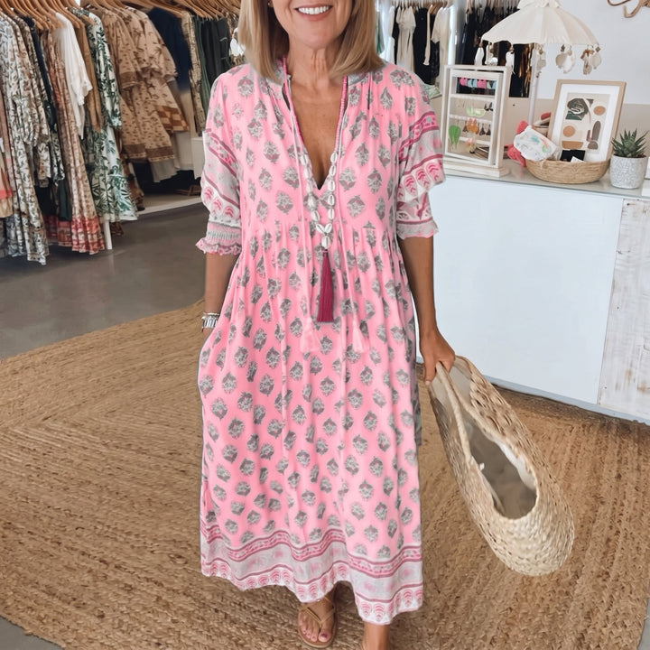 Clara - Women's Summer Boho Print Tassel Tie Midi Dress - Maxi Dress - Pink - Davies & Cooper