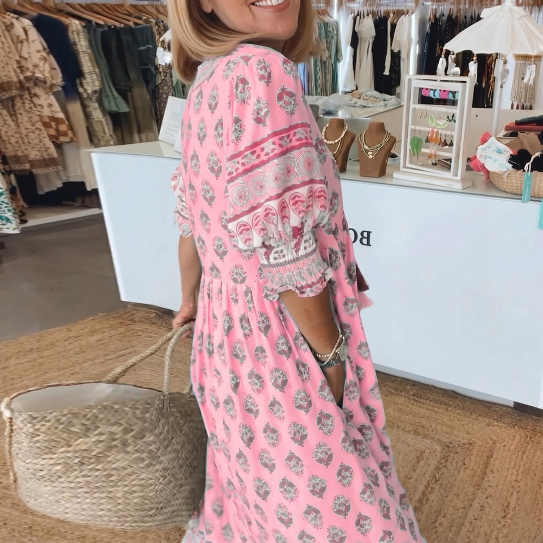 Clara - Women's Summer Boho Print Tassel Tie Midi Dress - Maxi Dress - Pink - Davies & Cooper