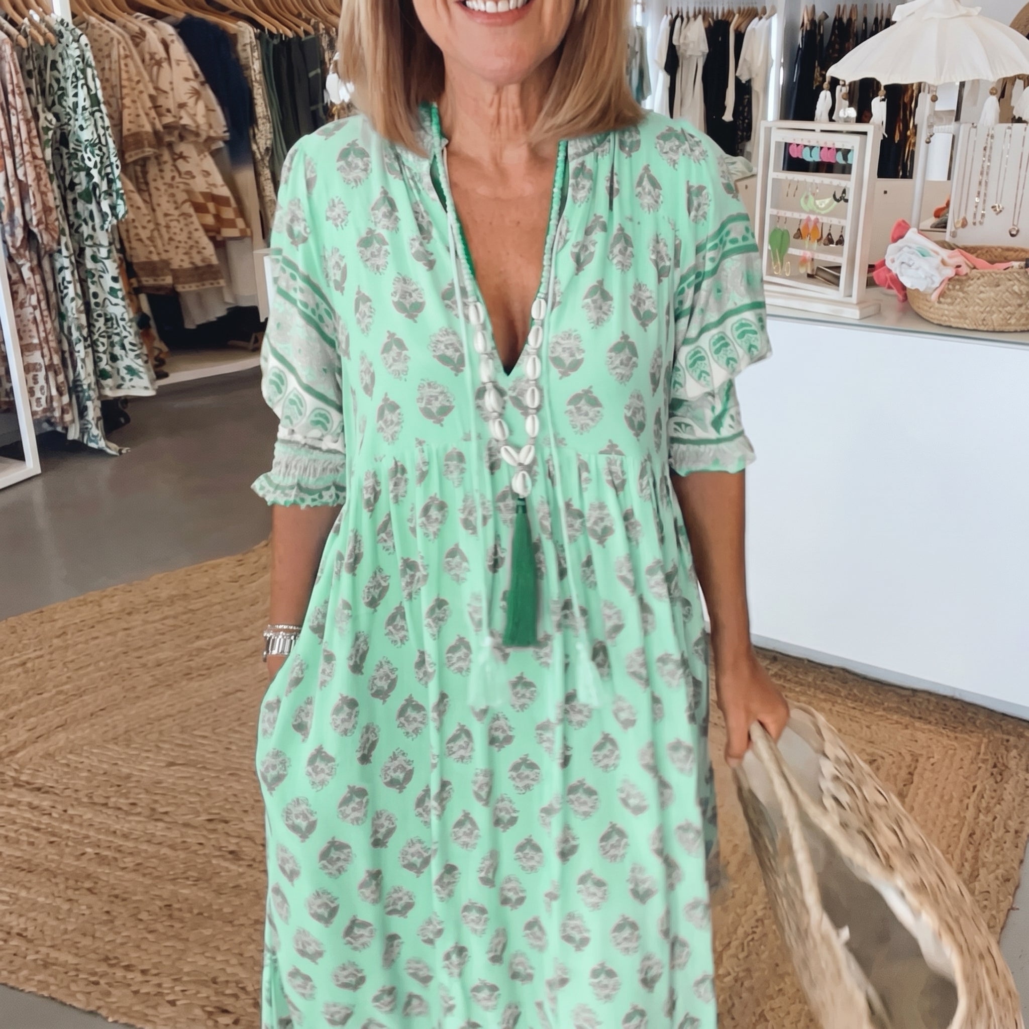 Clara - Women's Summer Boho Print Tassel Tie Midi Dress - Maxi Dress - Green - Davies & Cooper