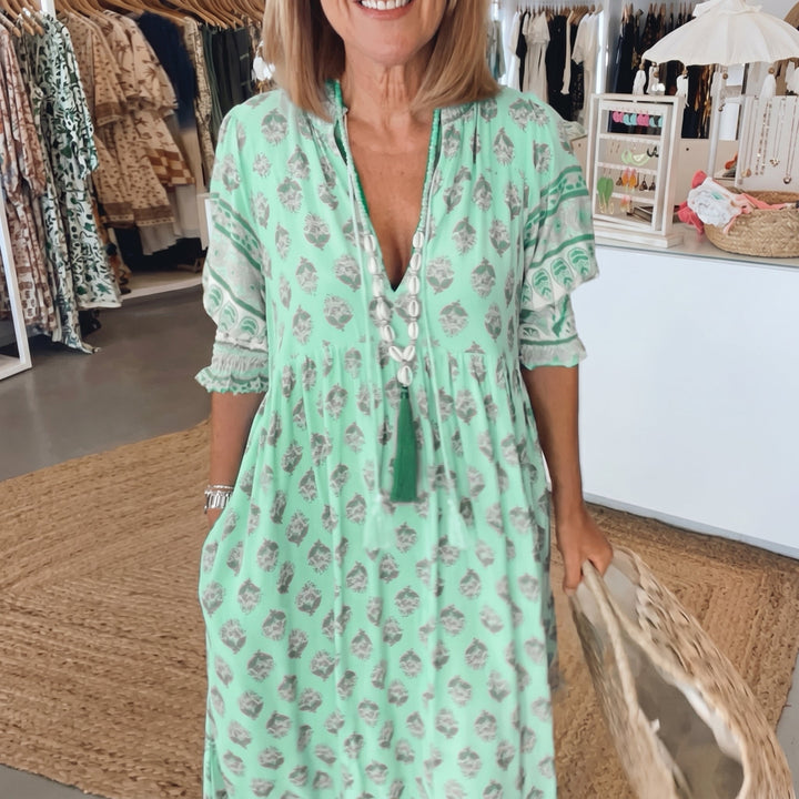 Clara - Women's Summer Boho Print Tassel Tie Midi Dress - Maxi Dress - Green - Davies & Cooper