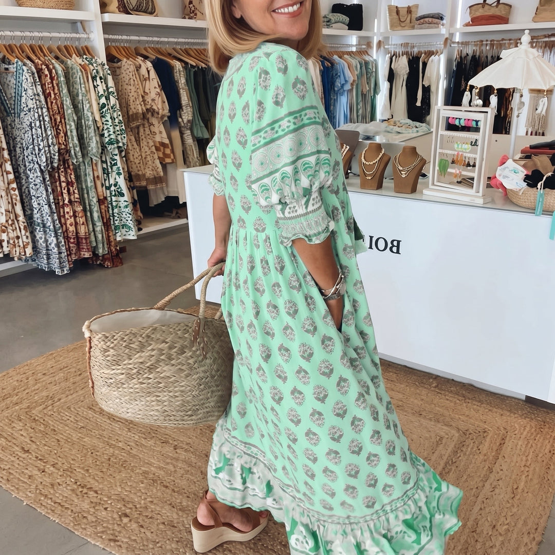 Clara - Women's Summer Boho Print Tassel Tie Midi Dress - Maxi Dress - Green - Davies & Cooper