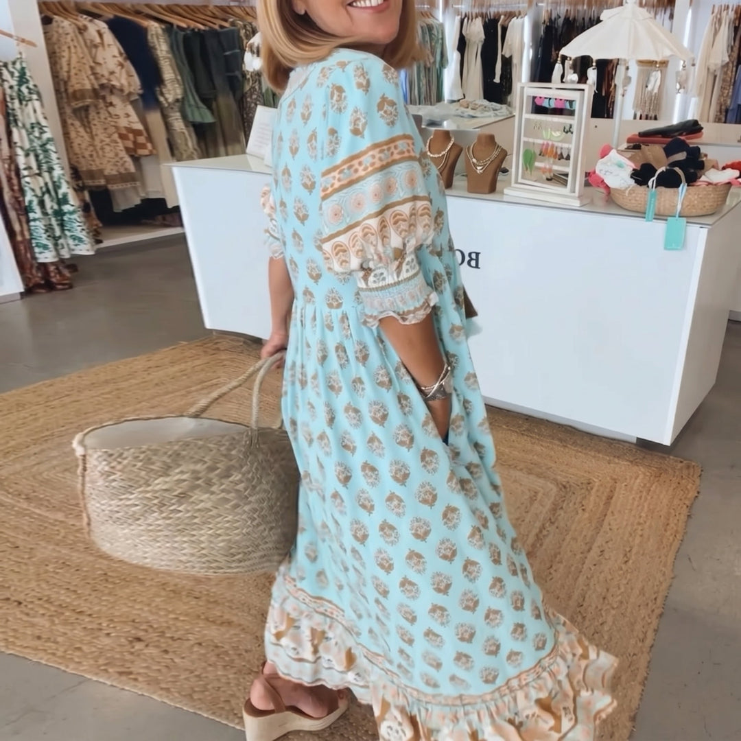 Clara - Women's Summer Boho Print Tassel Tie Midi Dress - Maxi Dress - Blue - Davies & Cooper