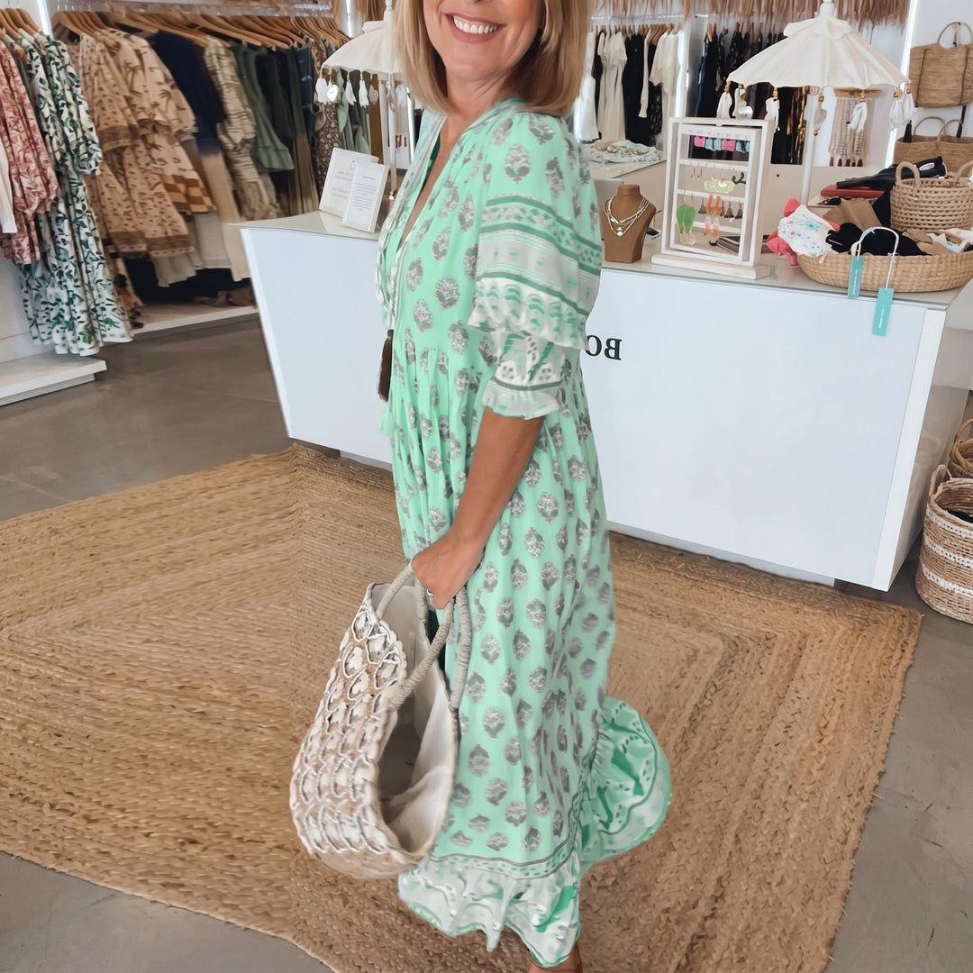 Clara - Women's Summer Boho Print Tassel Tie Midi Dress - Maxi Dress - Green - Davies & Cooper