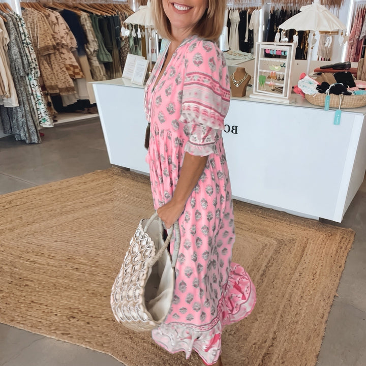 Clara - Women's Summer Boho Print Tassel Tie Midi Dress - Maxi Dress - Pink - Davies & Cooper