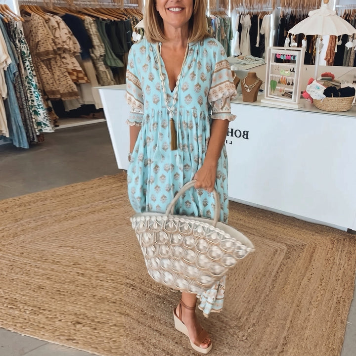 Clara - Women's Summer Boho Print Tassel Tie Midi Dress - Maxi Dress - Blue - Davies & Cooper