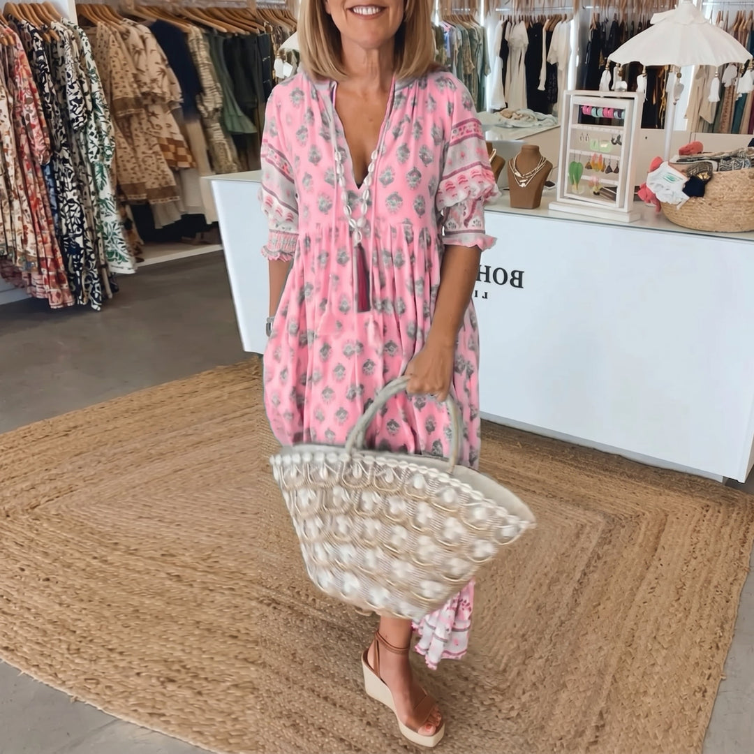 Clara - Women's Summer Boho Print Tassel Tie Midi Dress - Maxi Dress - Pink - Davies & Cooper