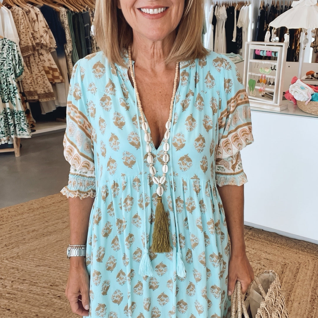 Clara - Women's Summer Boho Print Tassel Tie Midi Dress - Maxi Dress - Blue - Davies & Cooper