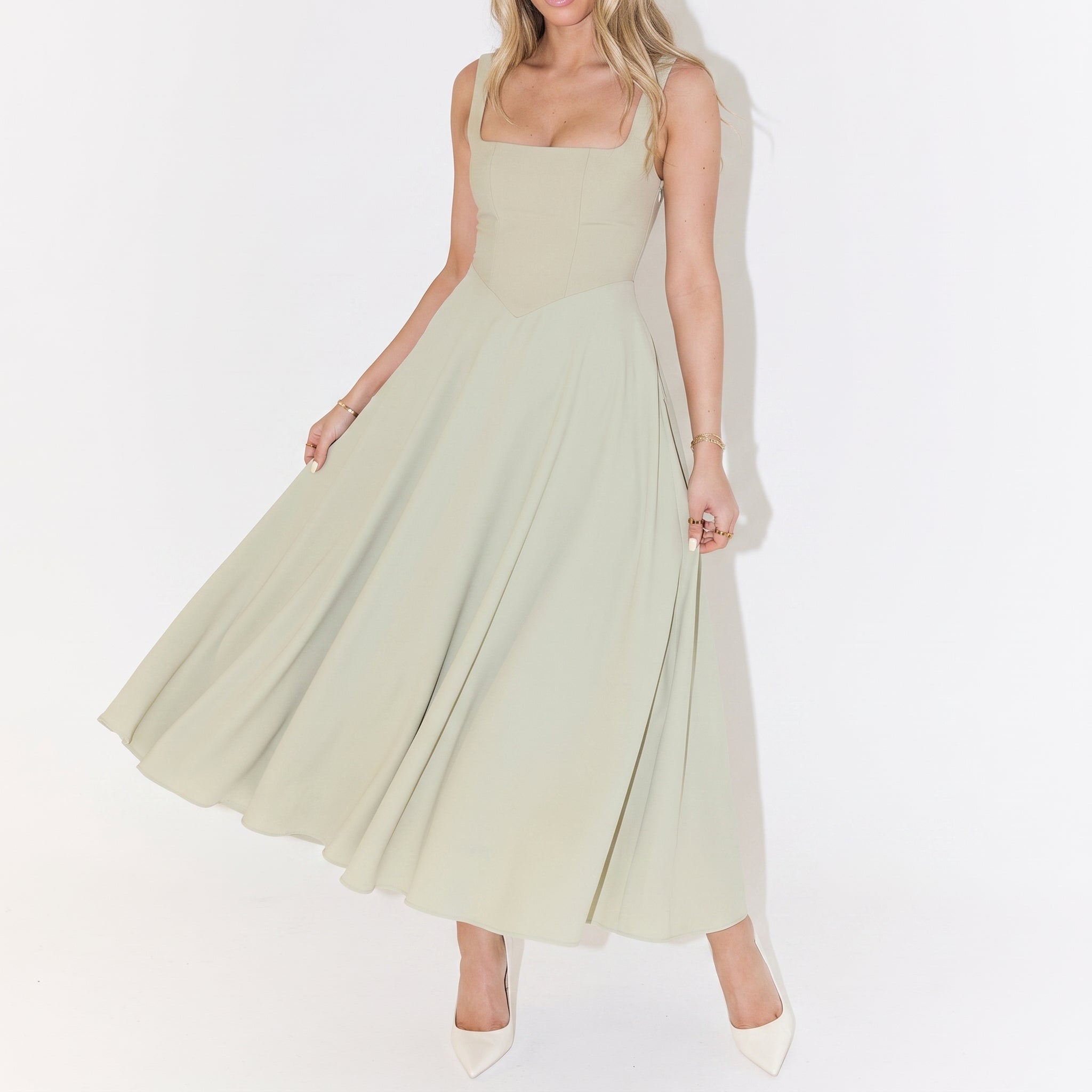 Clara - Women's Summer Corset Bodice Sleeveless Midi Dress - Dresses - Light Green - Davies & Cooper