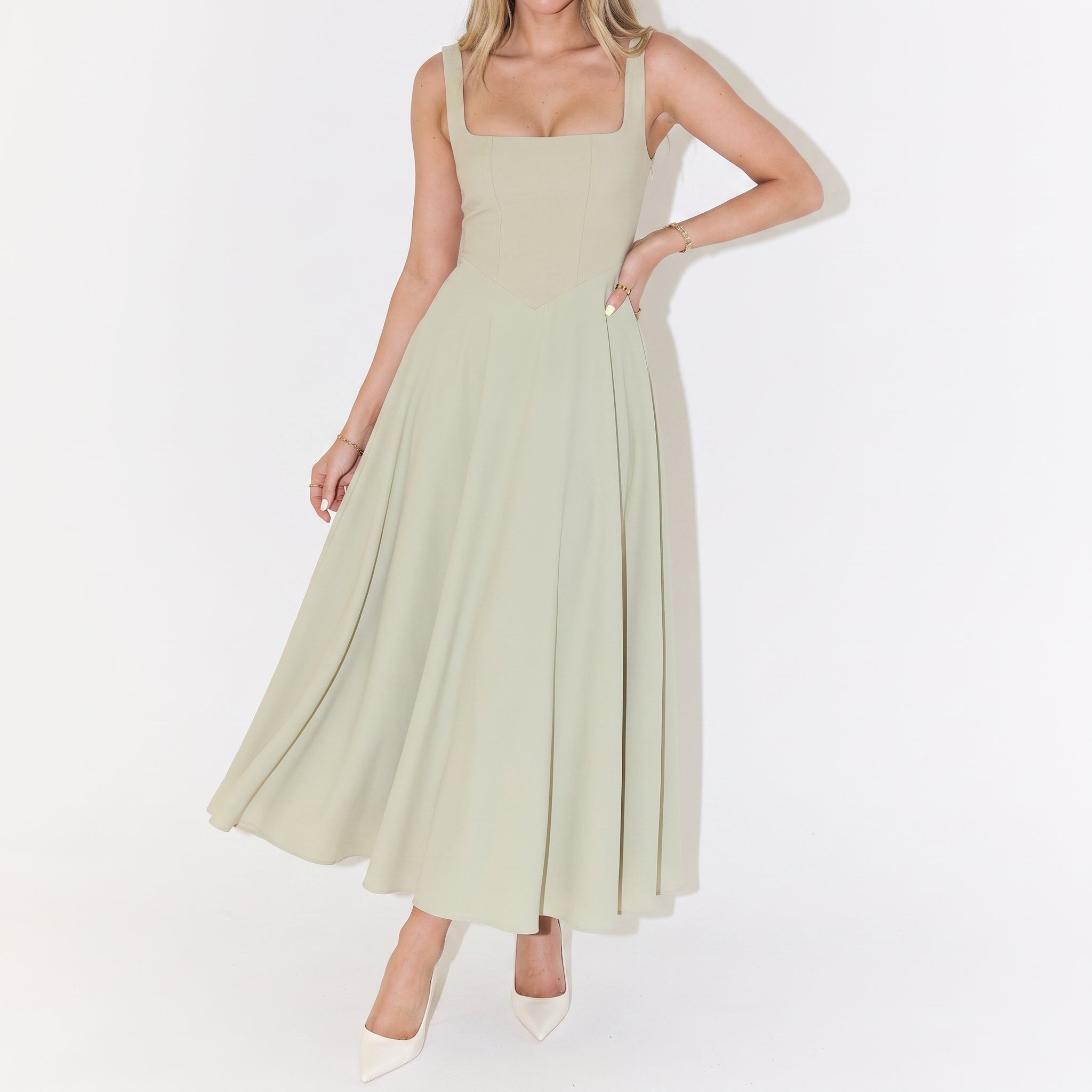 Clara - Women's Summer Corset Bodice Sleeveless Midi Dress - Dresses - Light Green - Davies & Cooper