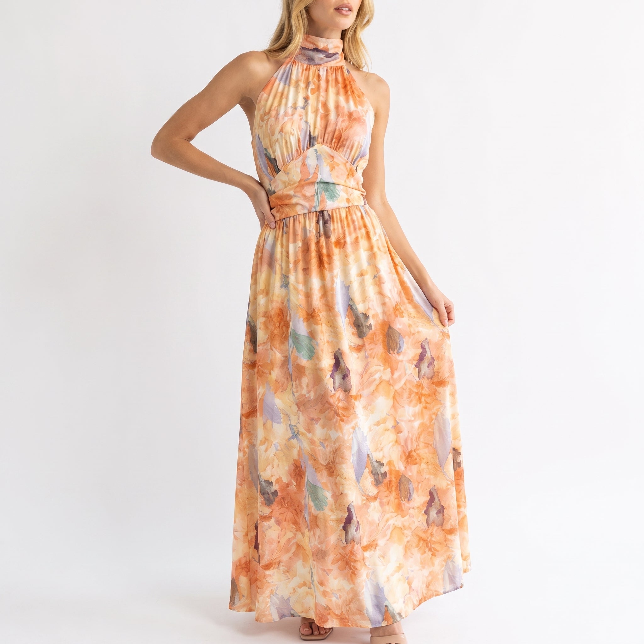 Clara - Women's Summer Floral Halterneck Ruched Maxi Dress - Dresses - Peach - Davies & Cooper
