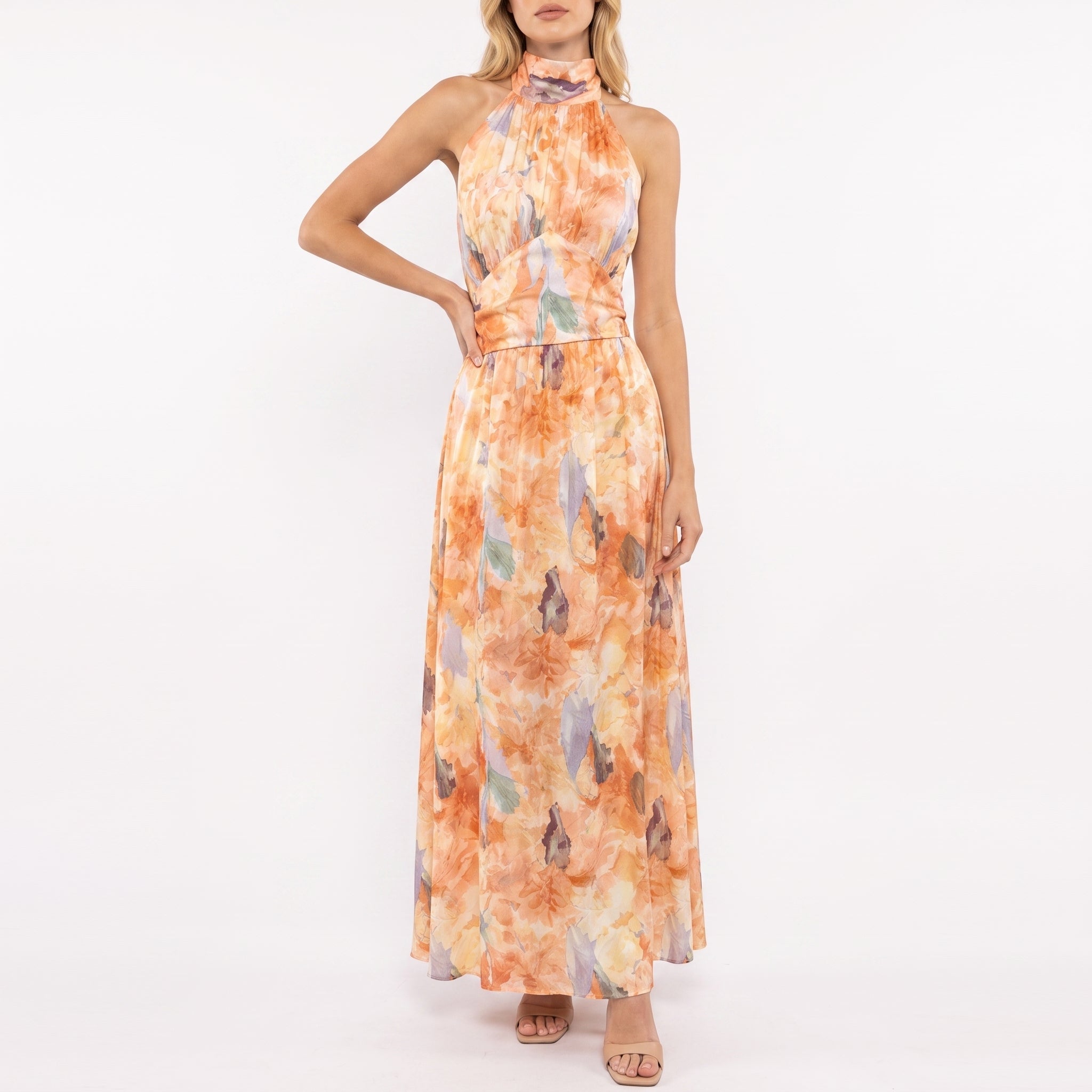 Clara - Women's Summer Floral Halterneck Ruched Maxi Dress - Dresses - Peach - Davies & Cooper