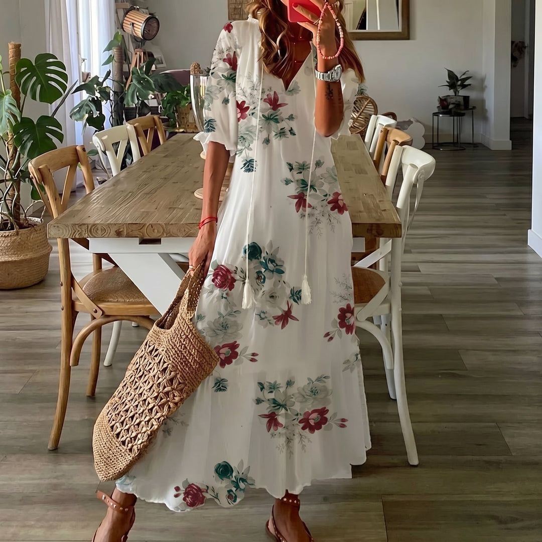 Clara - Women's Summer Floral Maxi Dress with Tassel - Maxi Dresses - White - Davies & Cooper
