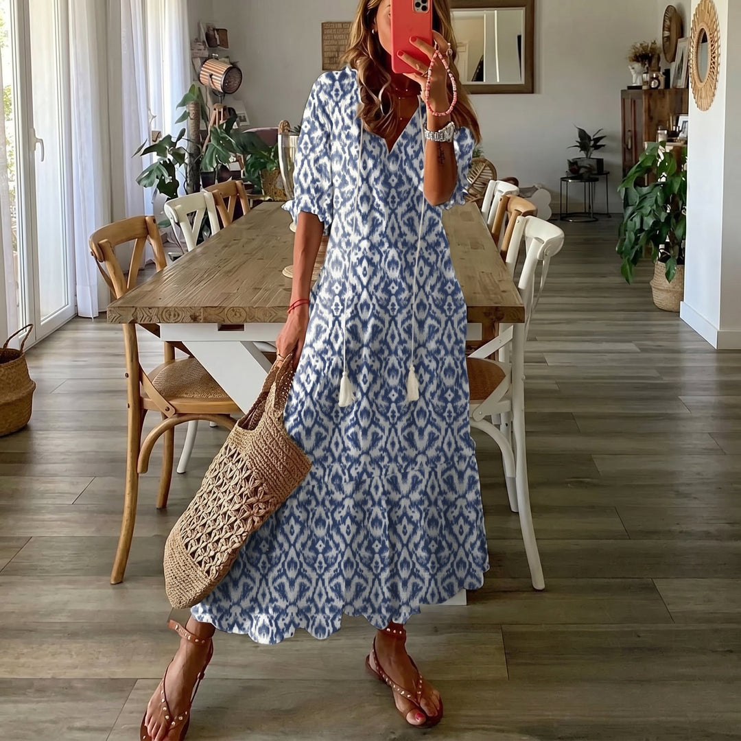 Clara - Women's Summer Floral Maxi Dress with Tassel - Maxi Dresses - Blue - Davies & Cooper
