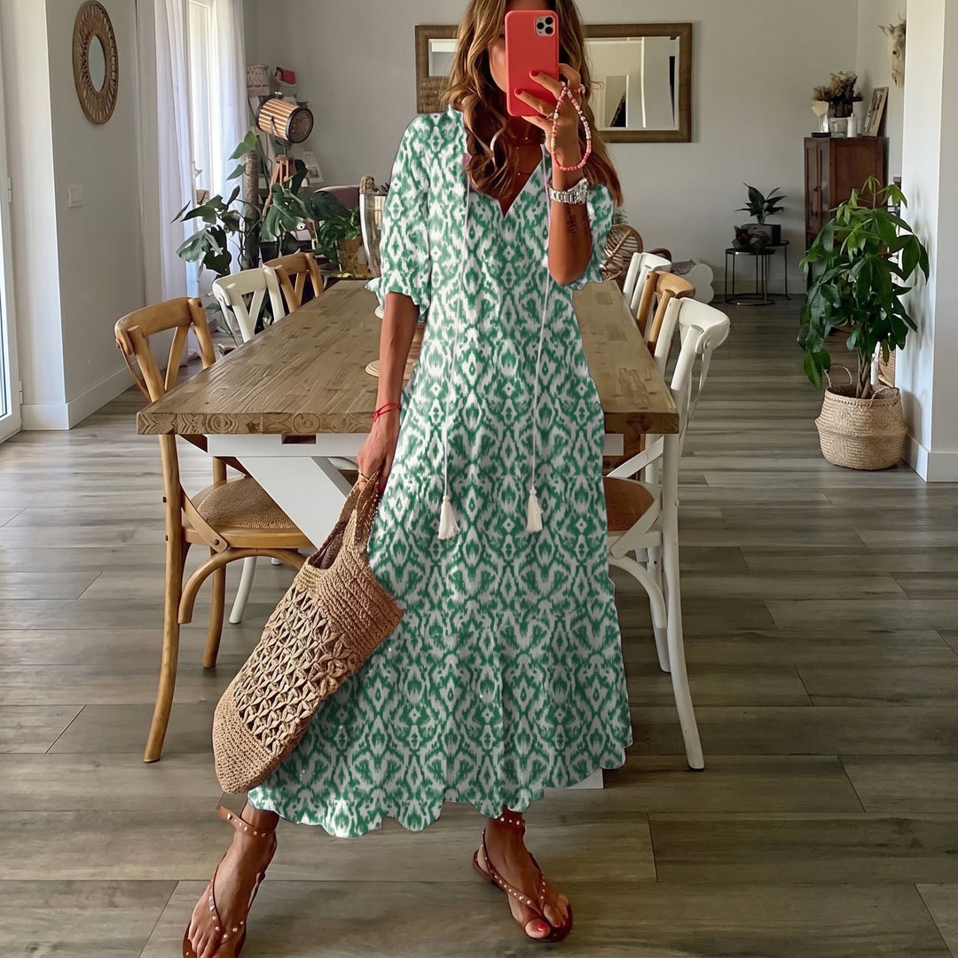 Clara - Women's Summer Floral Maxi Dress with Tassel - Maxi Dresses - Green - Davies & Cooper
