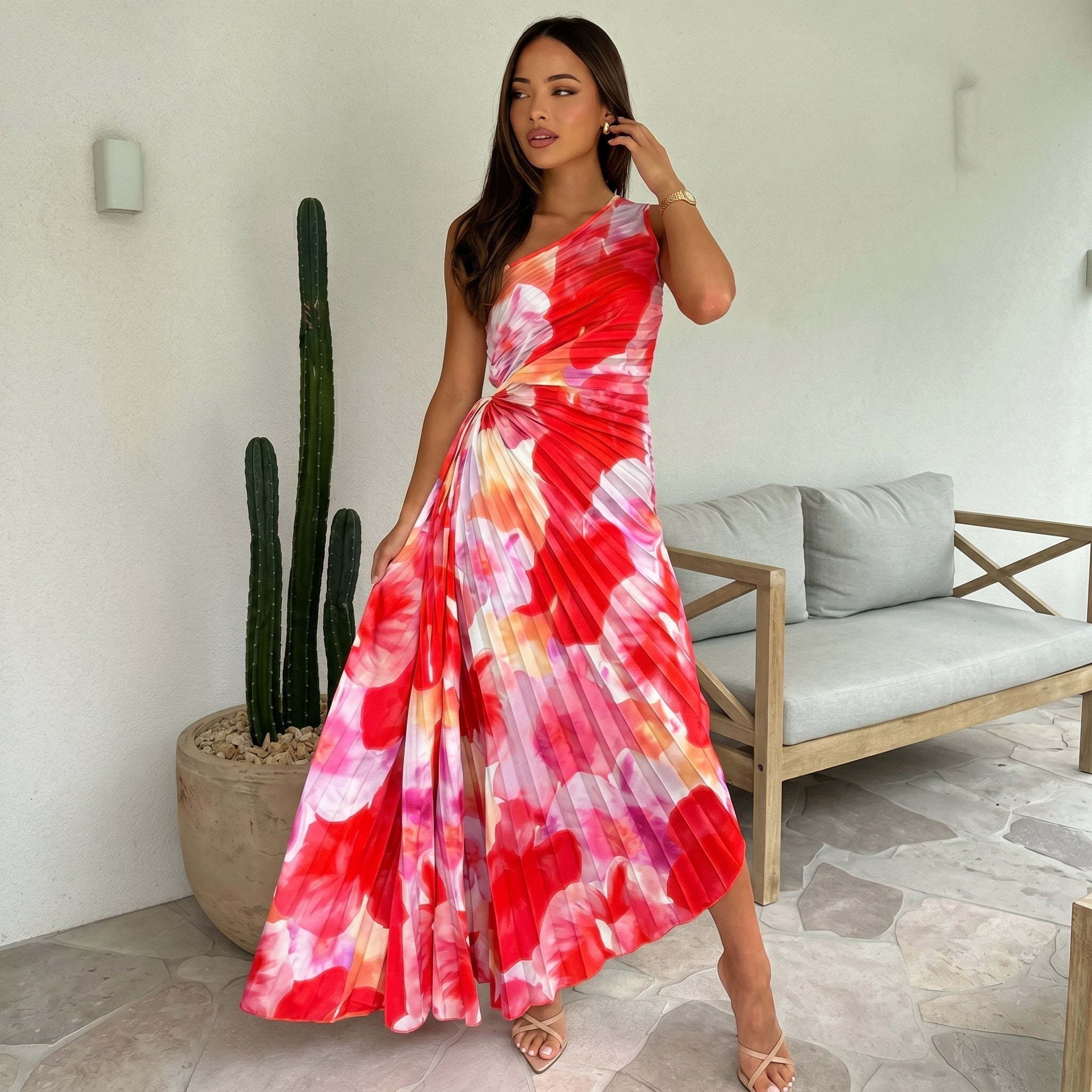 Clara - Women's Summer Floral Pleated Twist Maxi Dress - Maxi Dress - Red - Davies & Cooper