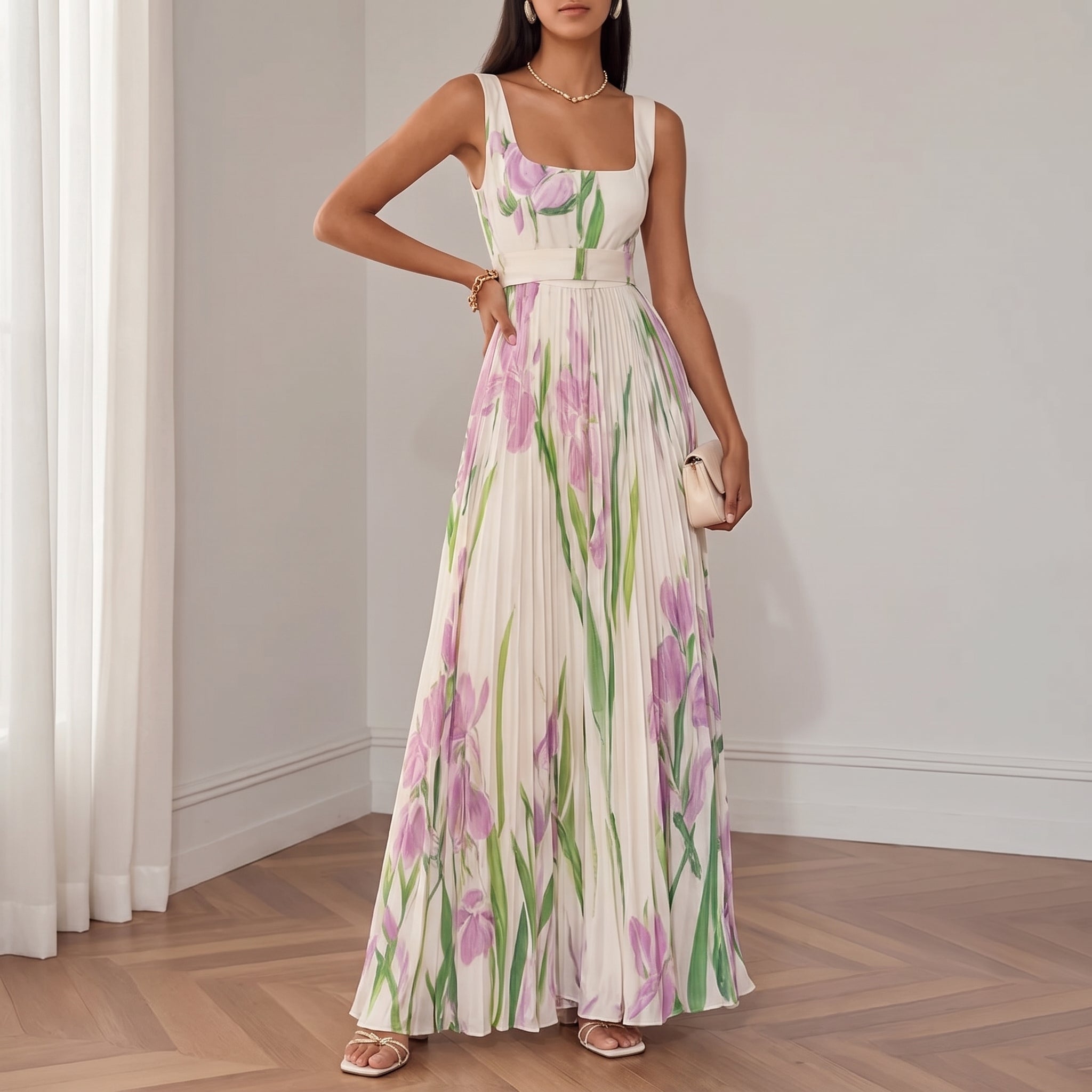 Clara - Women's Summer Floral Print Pleated Maxi Dress - Dresses - White - Davies & Cooper