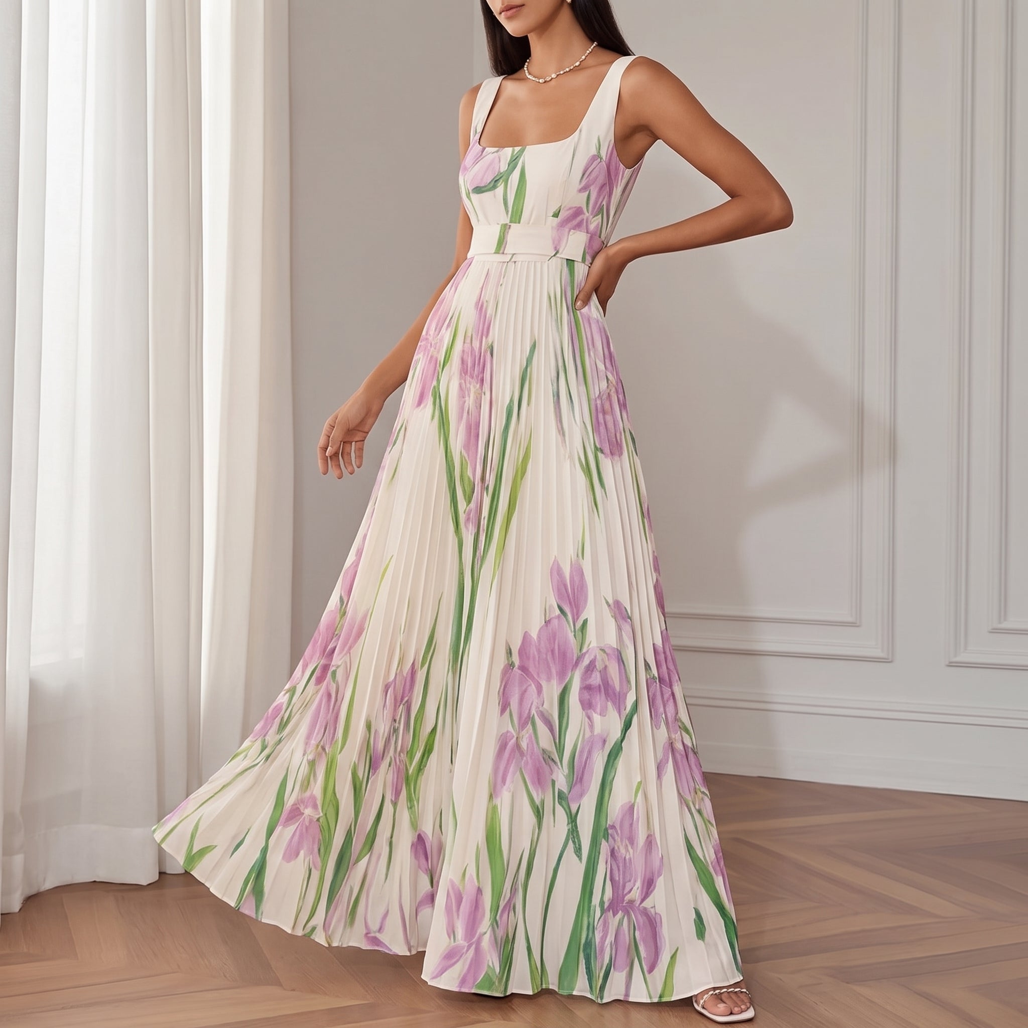 Clara - Women's Summer Floral Print Pleated Maxi Dress - Dresses - White - Davies & Cooper